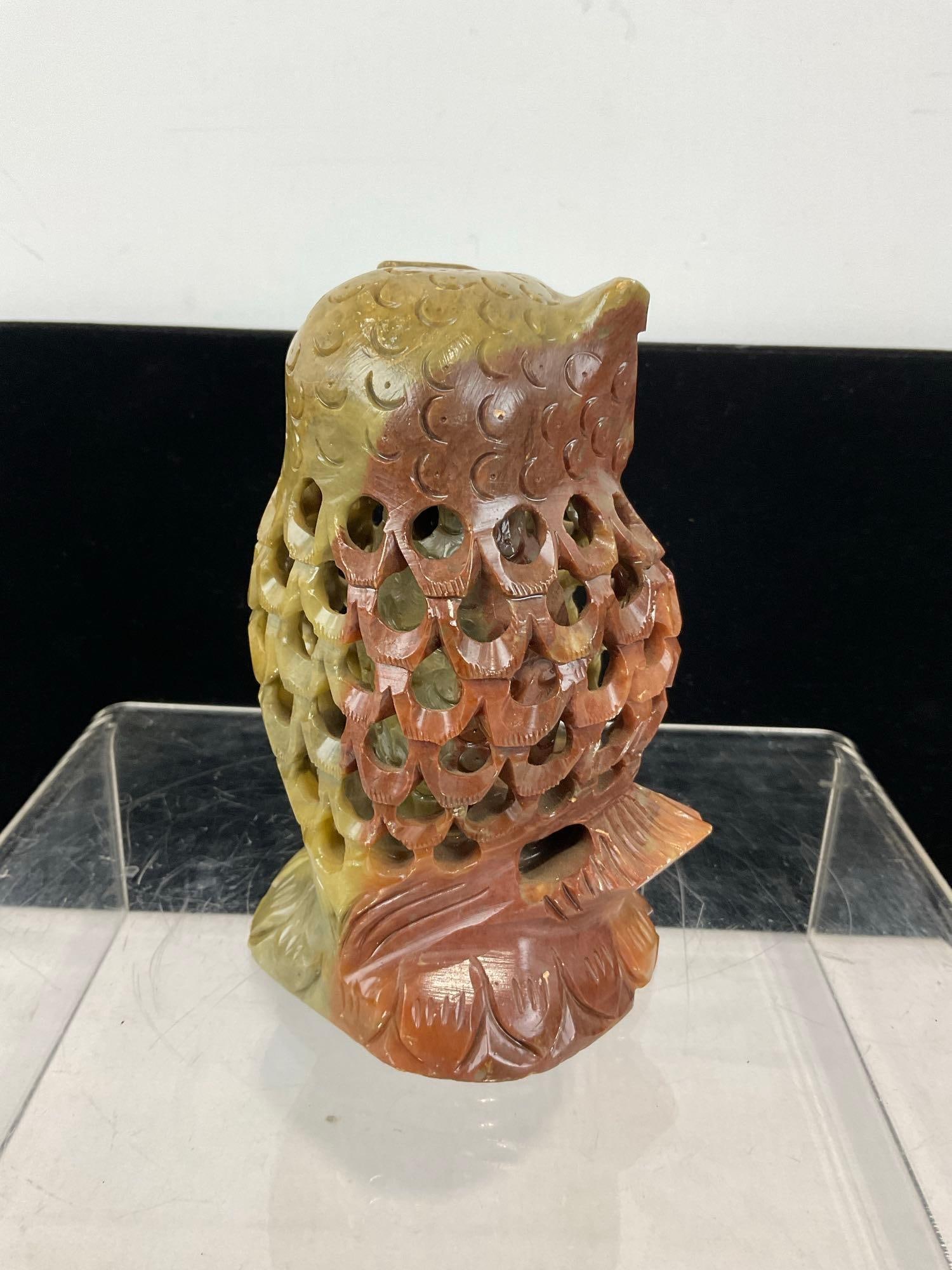 Lovely Jade/Soapstone Owl w/ Owl Baby inside, Stone Sculpture, 7h x 5w x 4d inches - 3