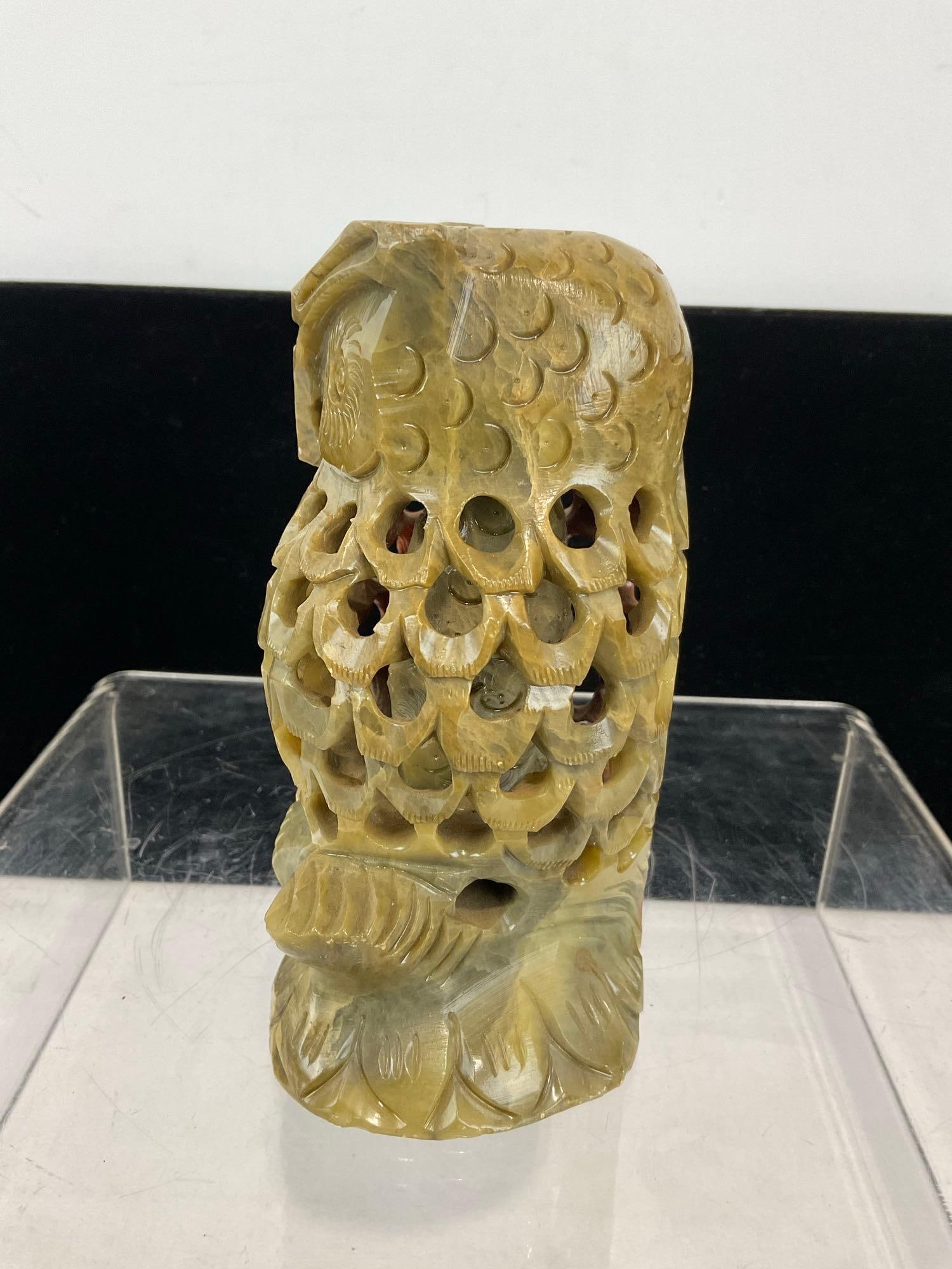 Lovely Jade/Soapstone Owl w/ Owl Baby inside, Stone Sculpture, 7h x 5w x 4d inches - 4