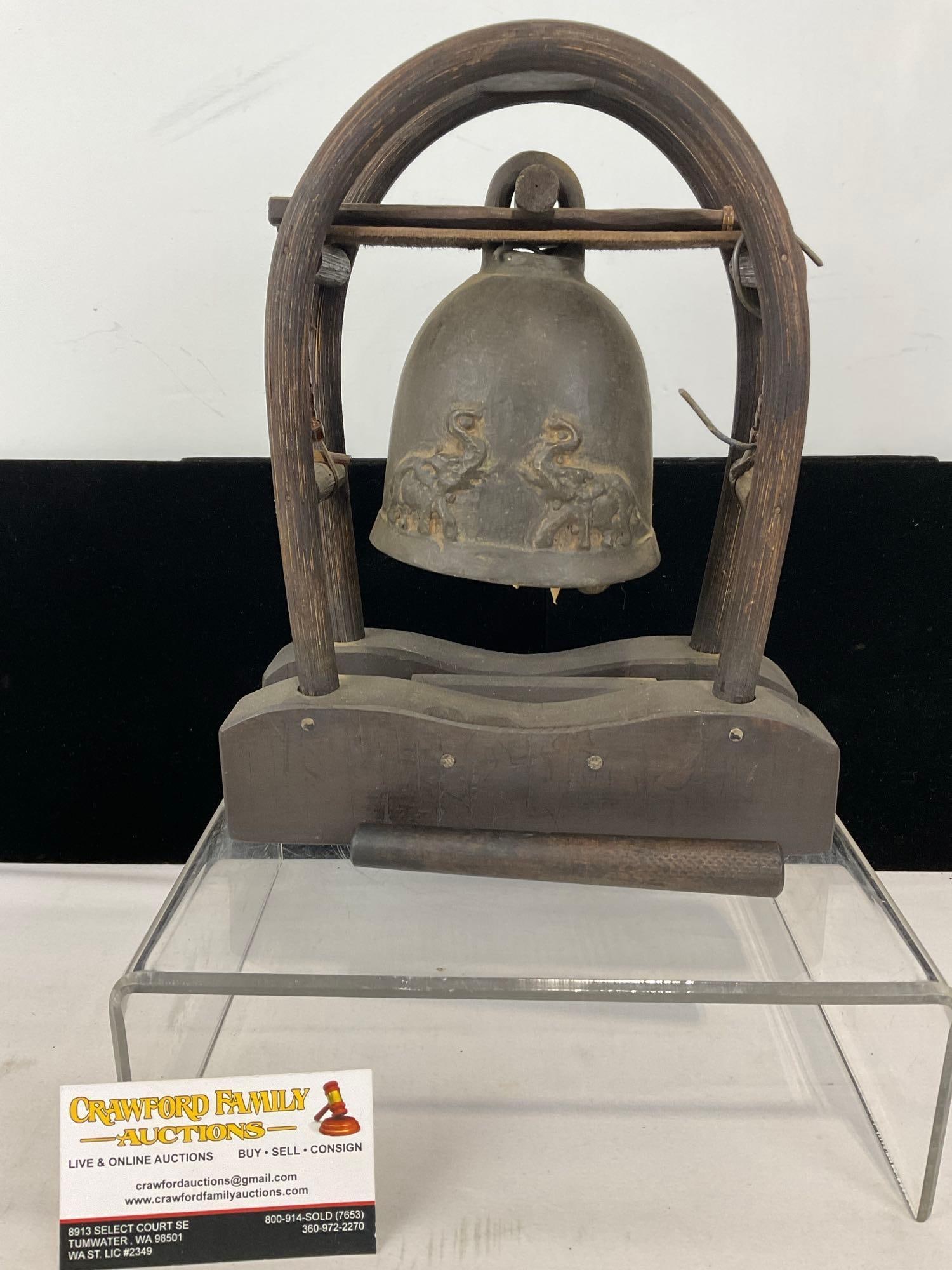 Vintage Thai Bronze Bell on Wooden Stand, 11h x 9w x 4d inches (1 of 5)