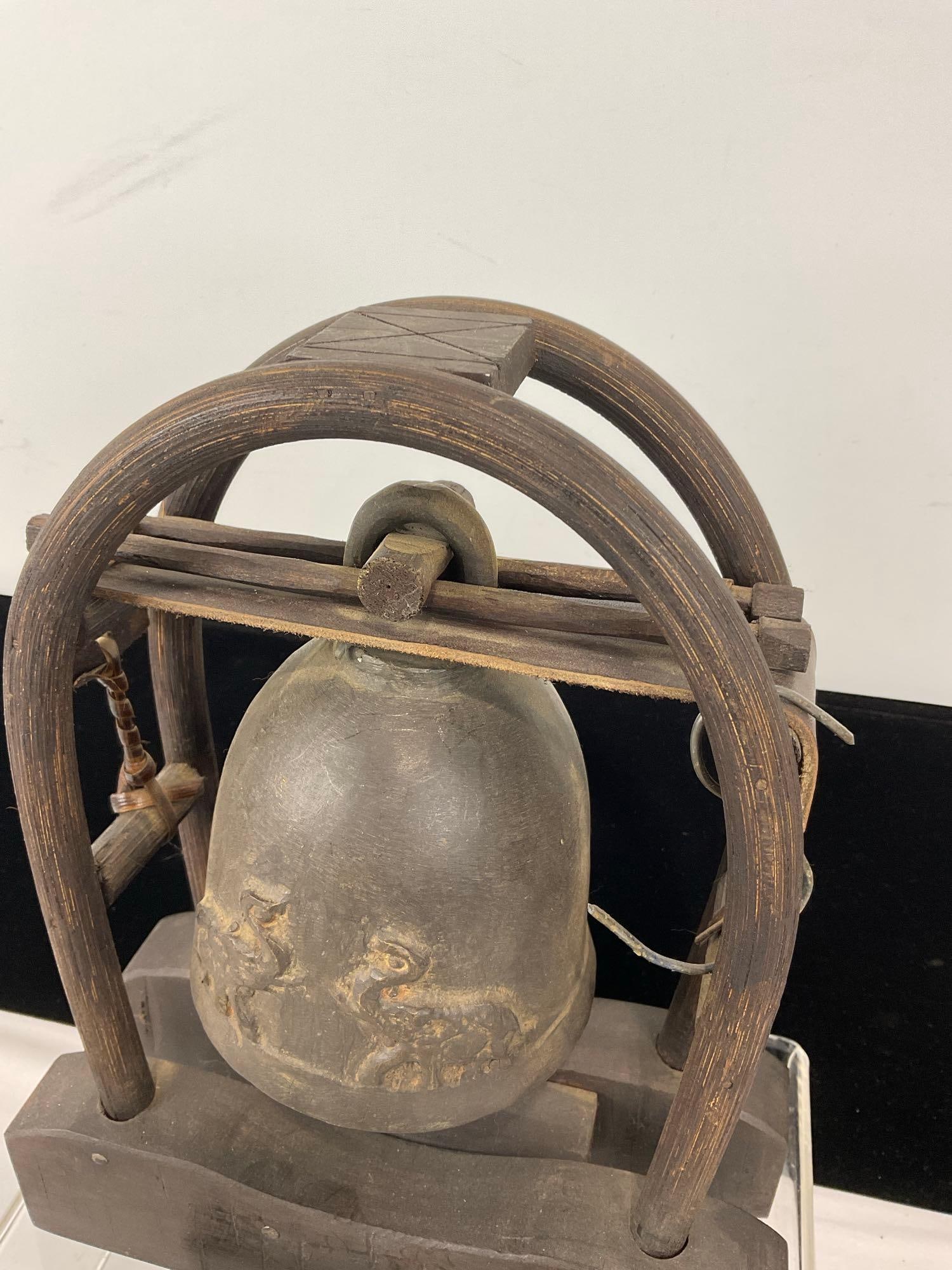 Vintage Thai Bronze Bell on Wooden Stand, 11h x 9w x 4d inches - 2