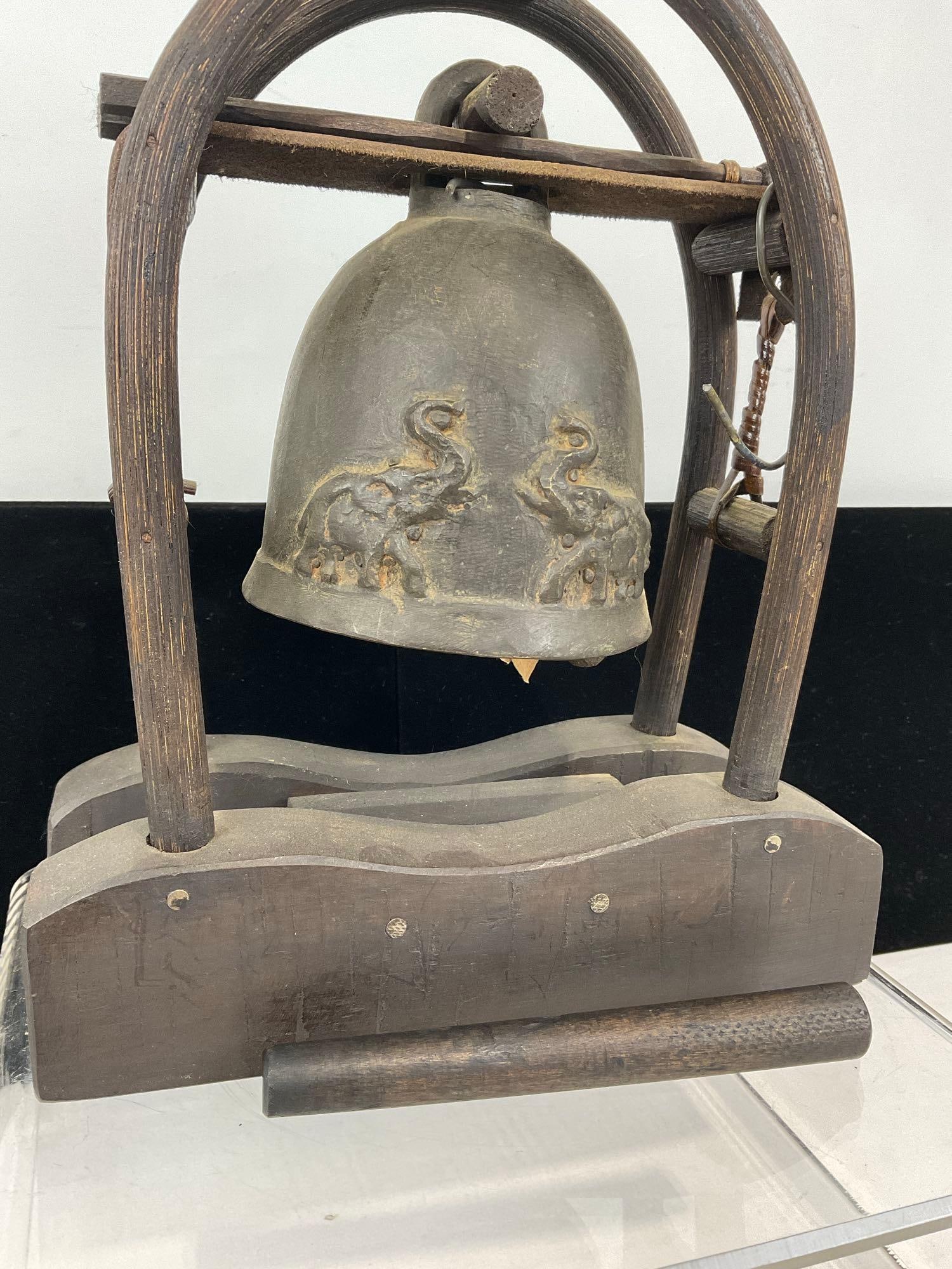 Vintage Thai Bronze Bell on Wooden Stand, 11h x 9w x 4d inches - 3