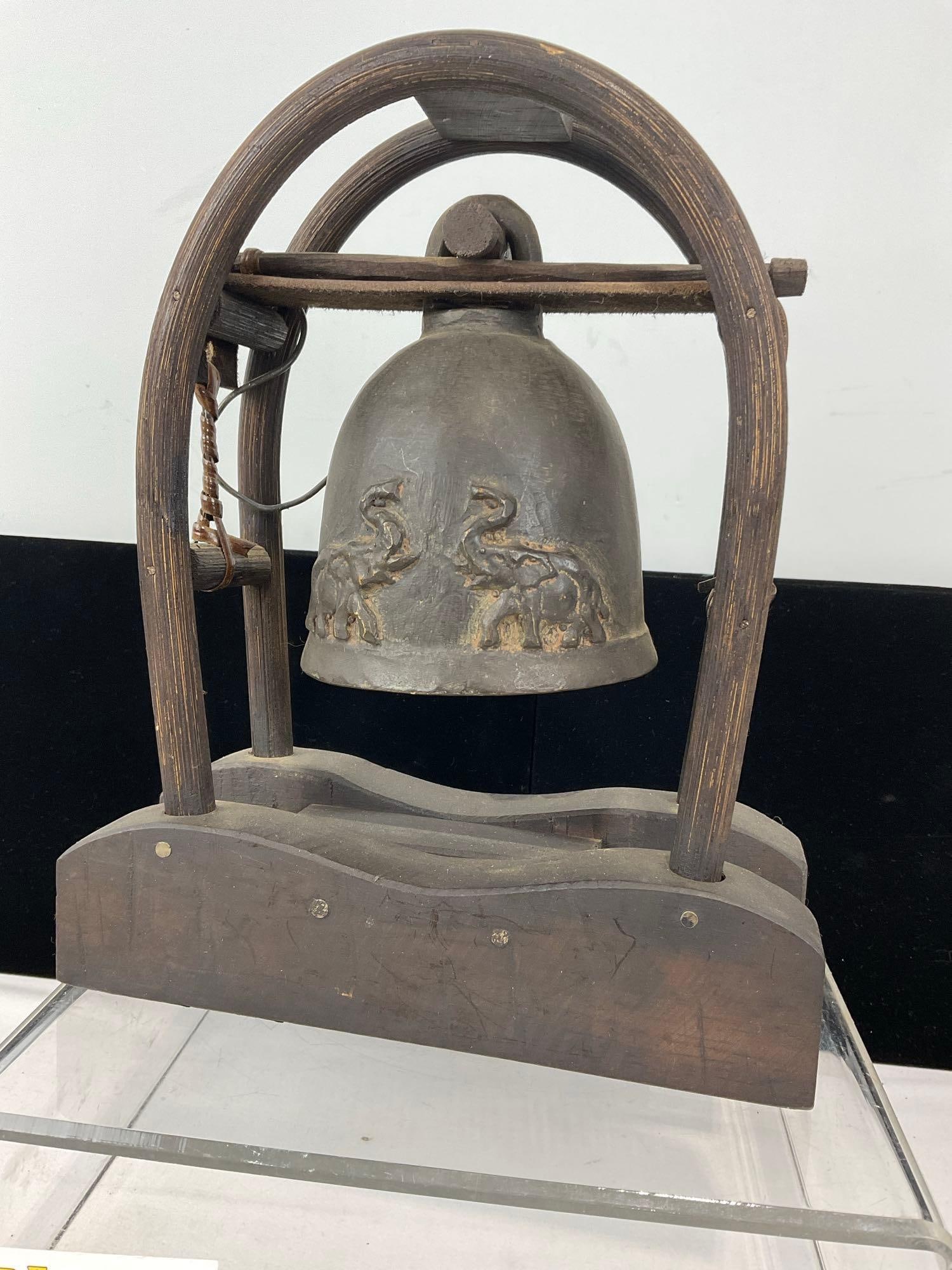 Vintage Thai Bronze Bell on Wooden Stand, 11h x 9w x 4d inches - 4