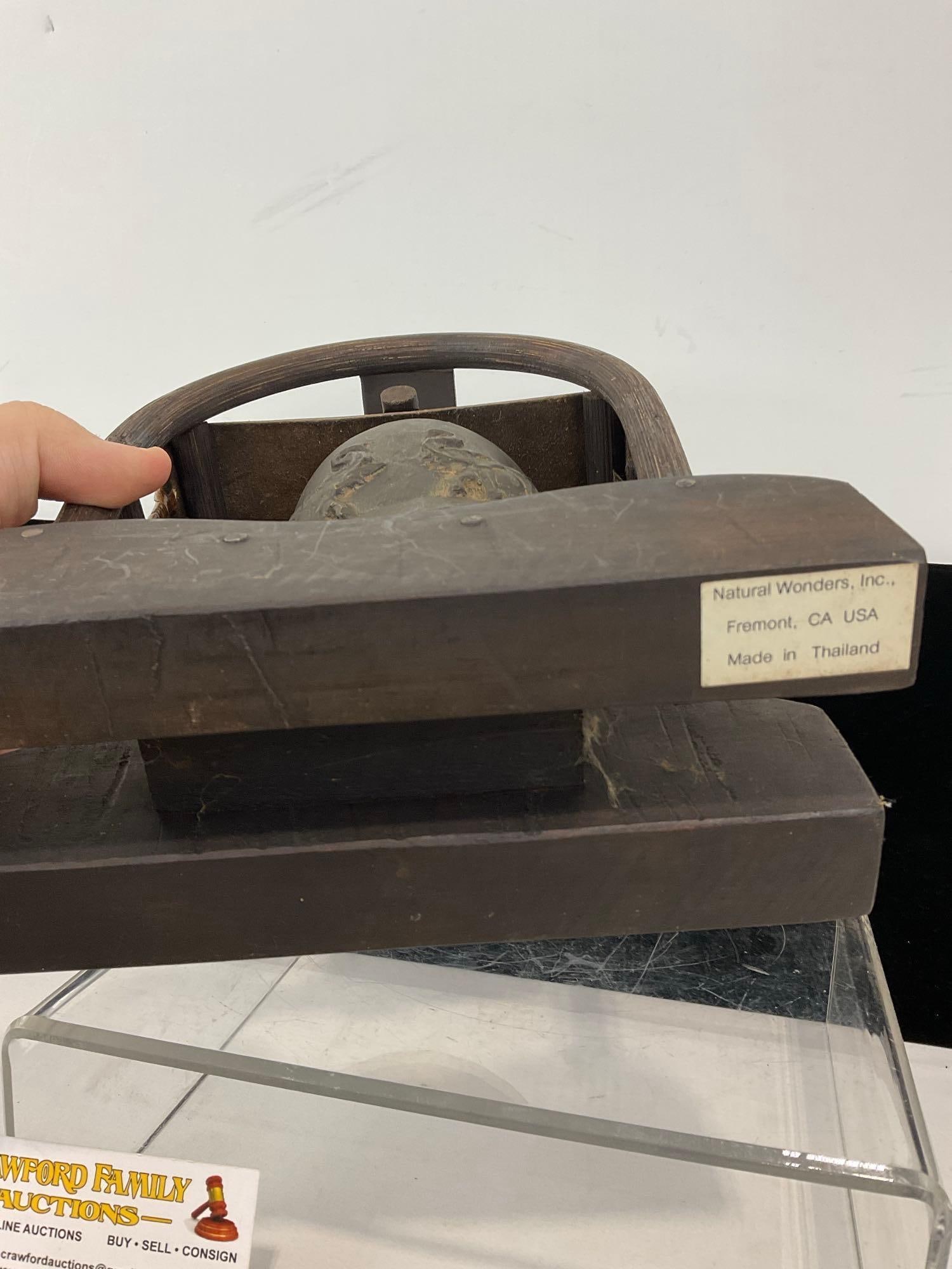 Vintage Thai Bronze Bell on Wooden Stand, 11h x 9w x 4d inches - 5