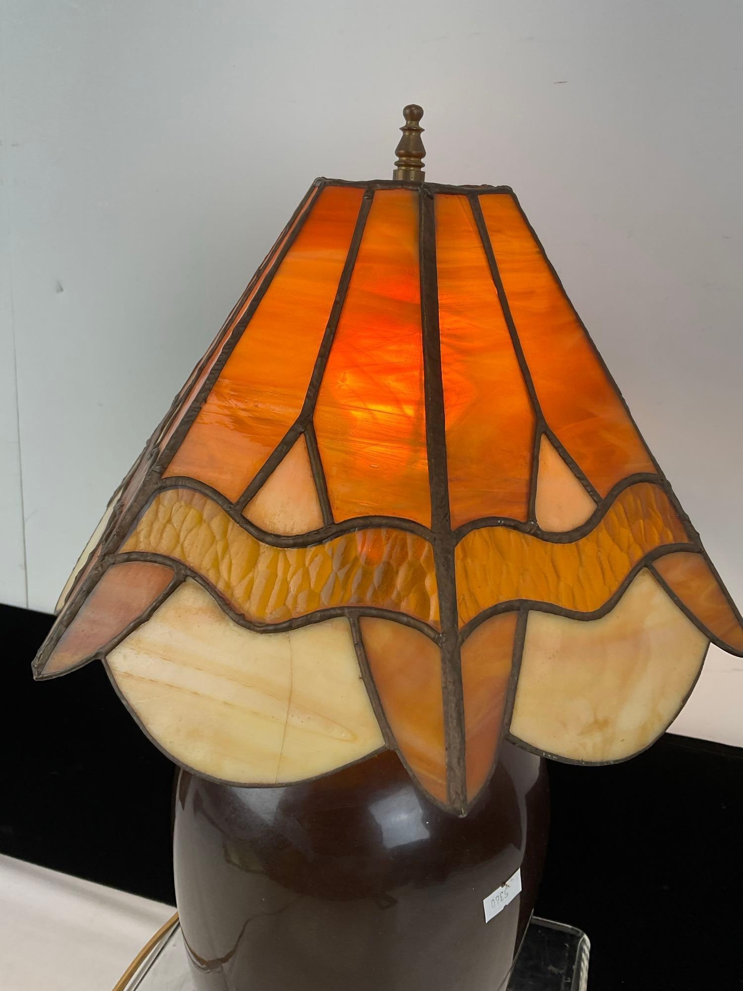 Lamp w/ Stained Glass Shade, Brown Glazed Pottery Base, 18h x 11w x 11d inches, tested & working - 2