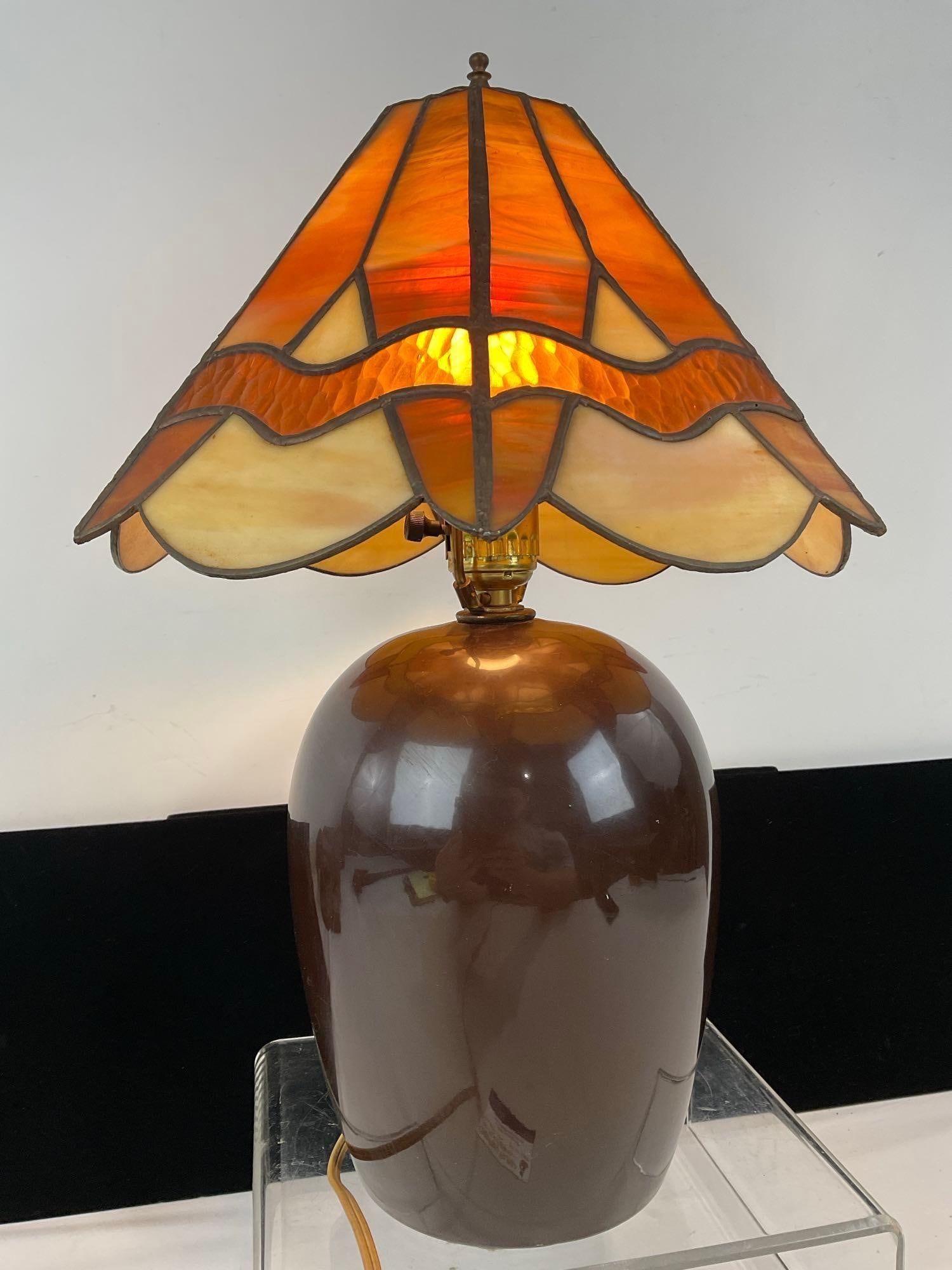 Lamp w/ Stained Glass Shade, Brown Glazed Pottery Base, 18h x 11w x 11d inches, tested & working - 3