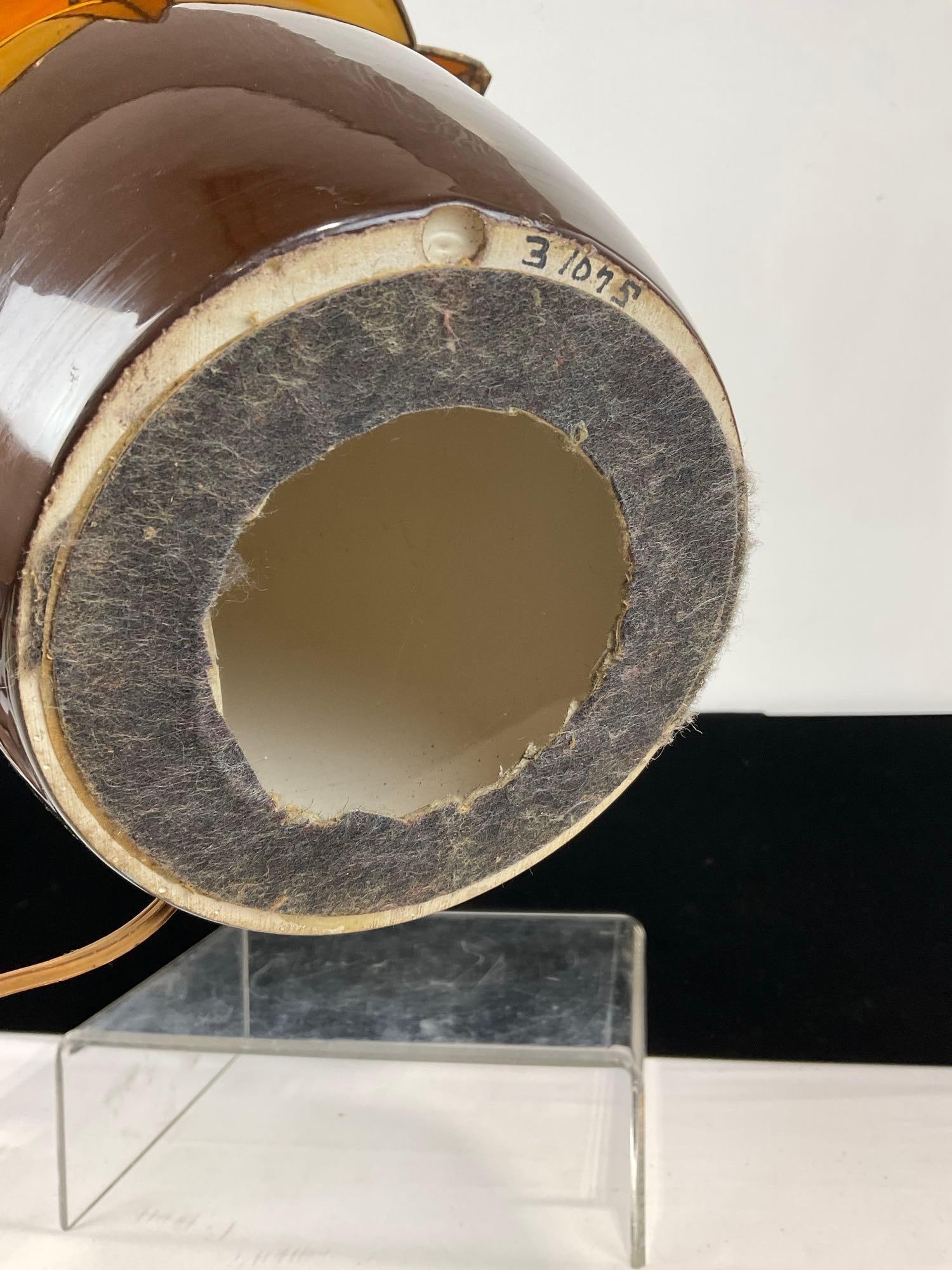 Lamp w/ Stained Glass Shade, Brown Glazed Pottery Base, 18h x 11w x 11d inches, tested & working - 4