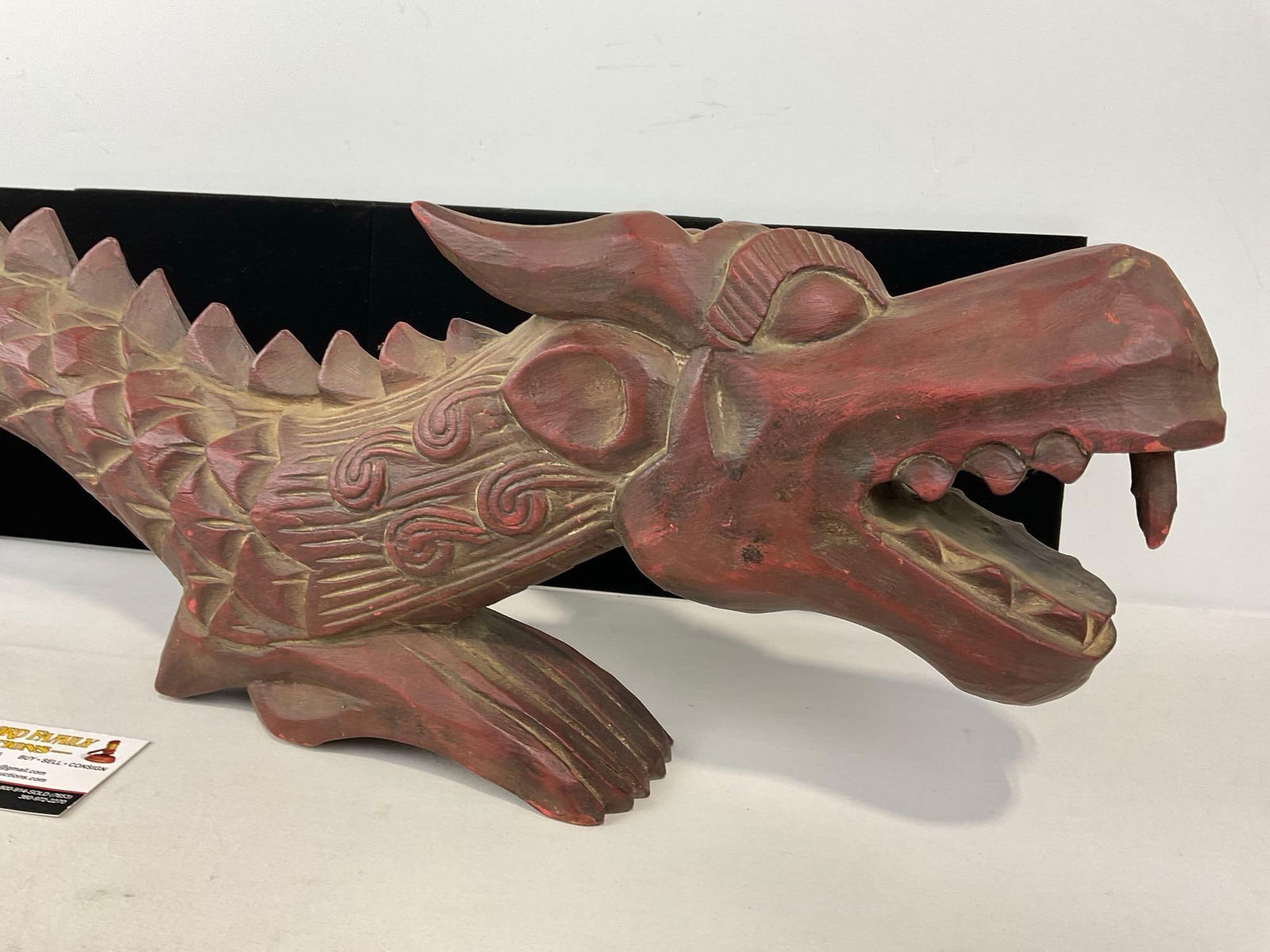 Vintage Hand Carved Chinese Wooden Dragon Sculpture, approx 9h x 41w x 5d inches, red tone - 2