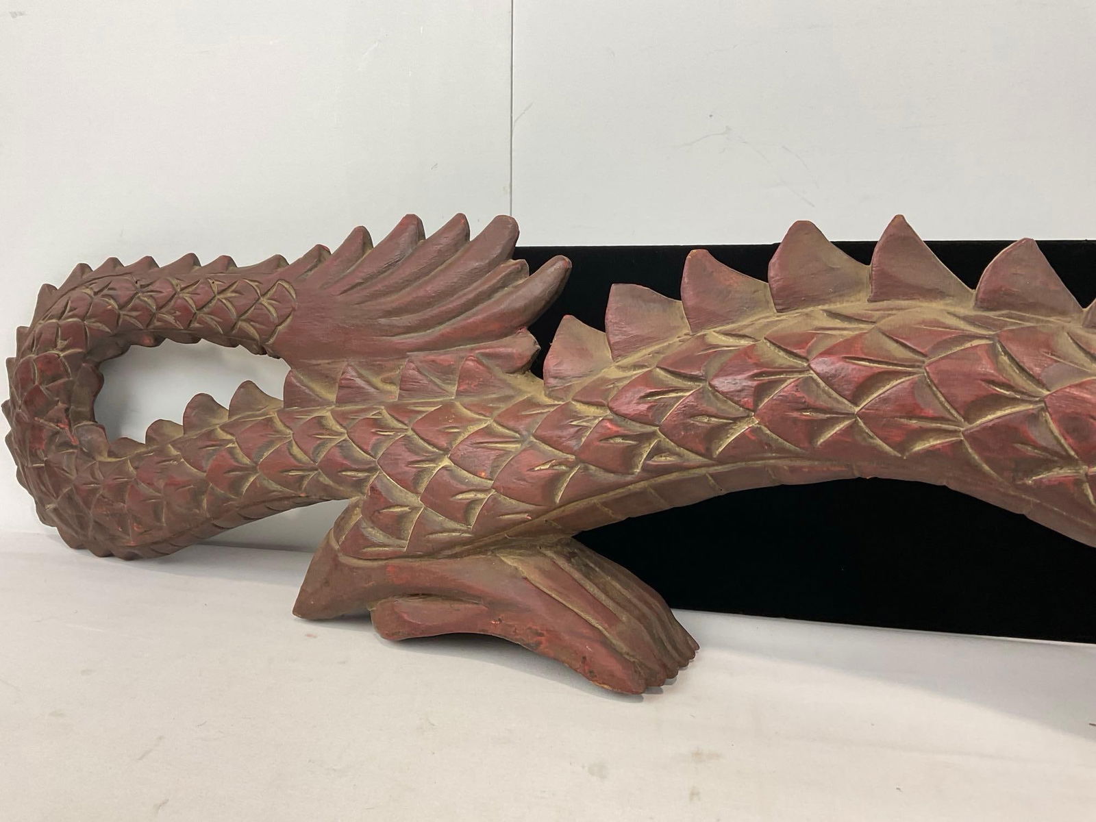 Vintage Hand Carved Chinese Wooden Dragon Sculpture, approx 9h x 41w x 5d inches, red tone - 3