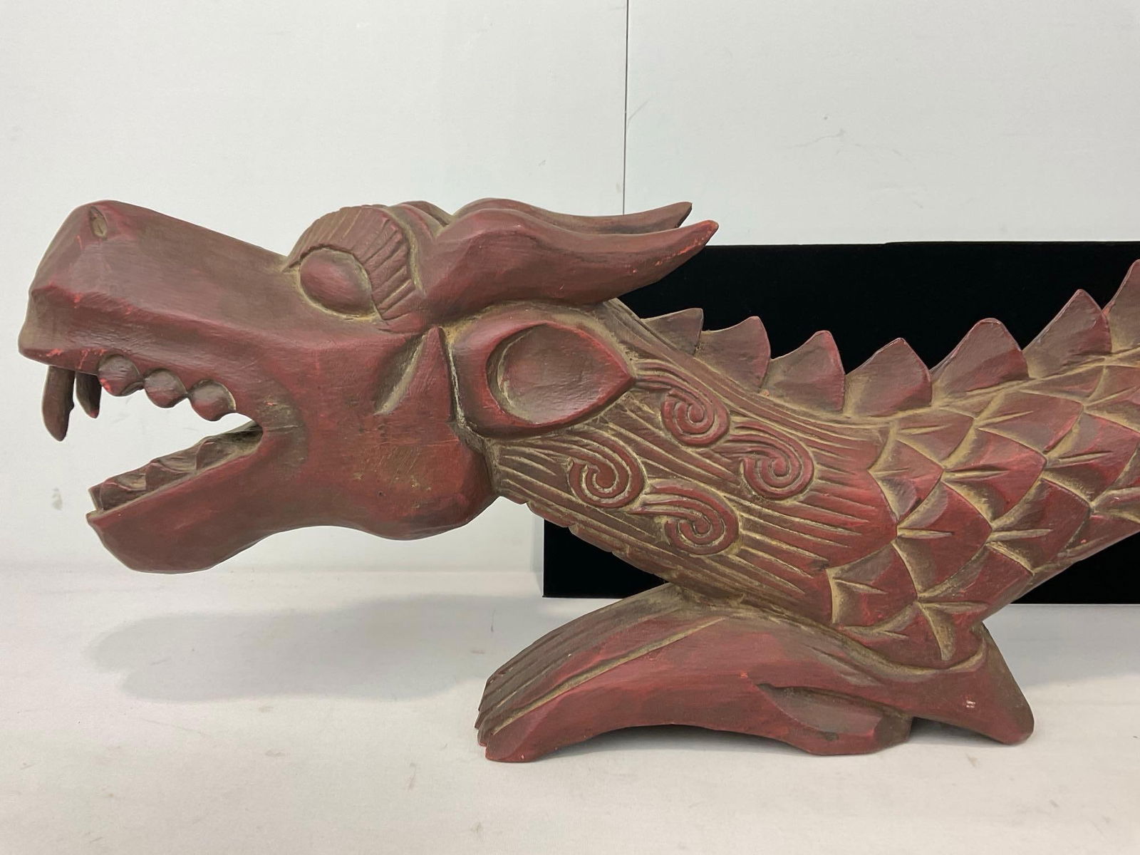 Vintage Hand Carved Chinese Wooden Dragon Sculpture, approx 9h x 41w x 5d inches, red tone - 5