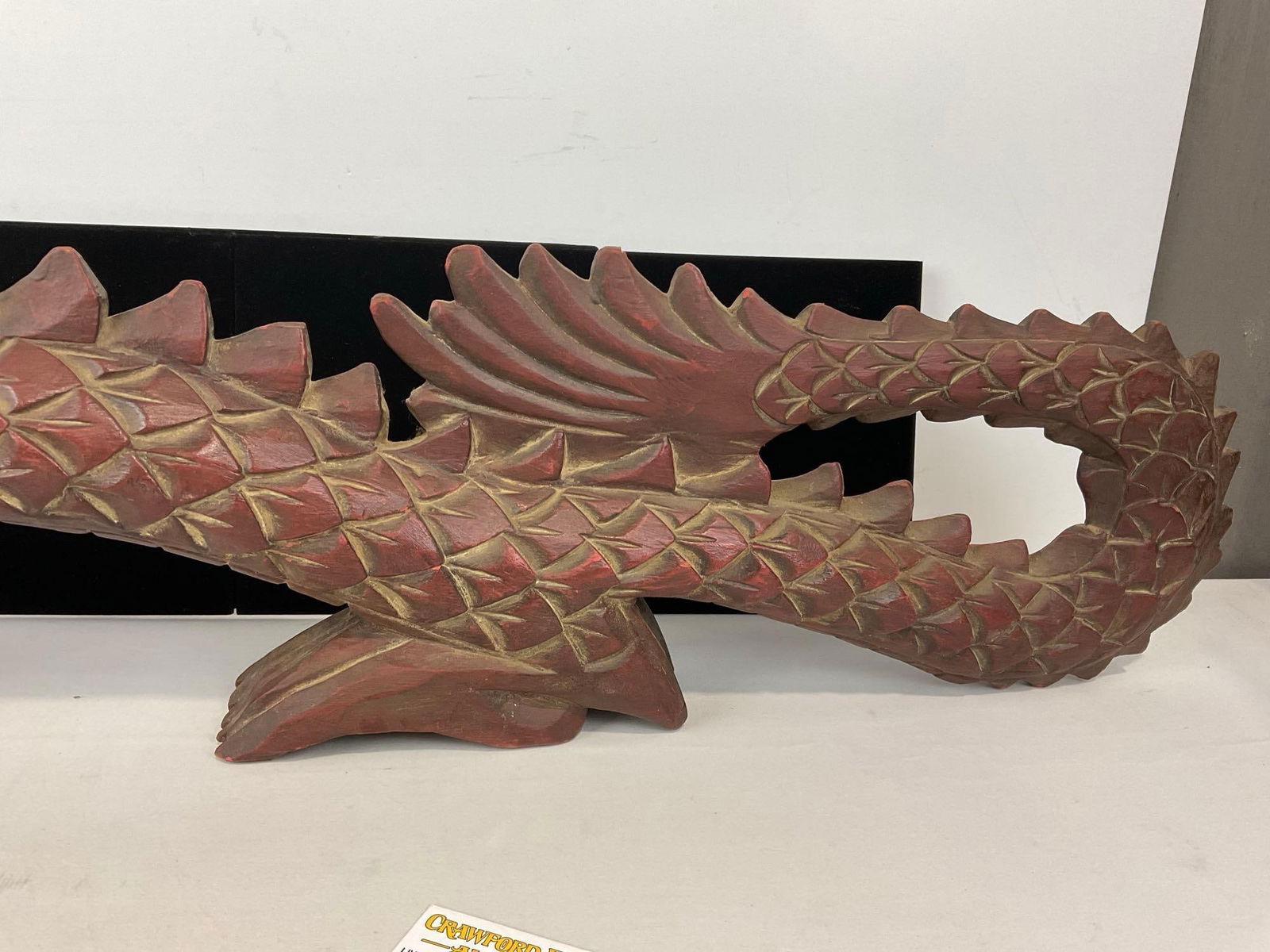 Vintage Hand Carved Chinese Wooden Dragon Sculpture, approx 9h x 41w x 5d inches, red tone - 6