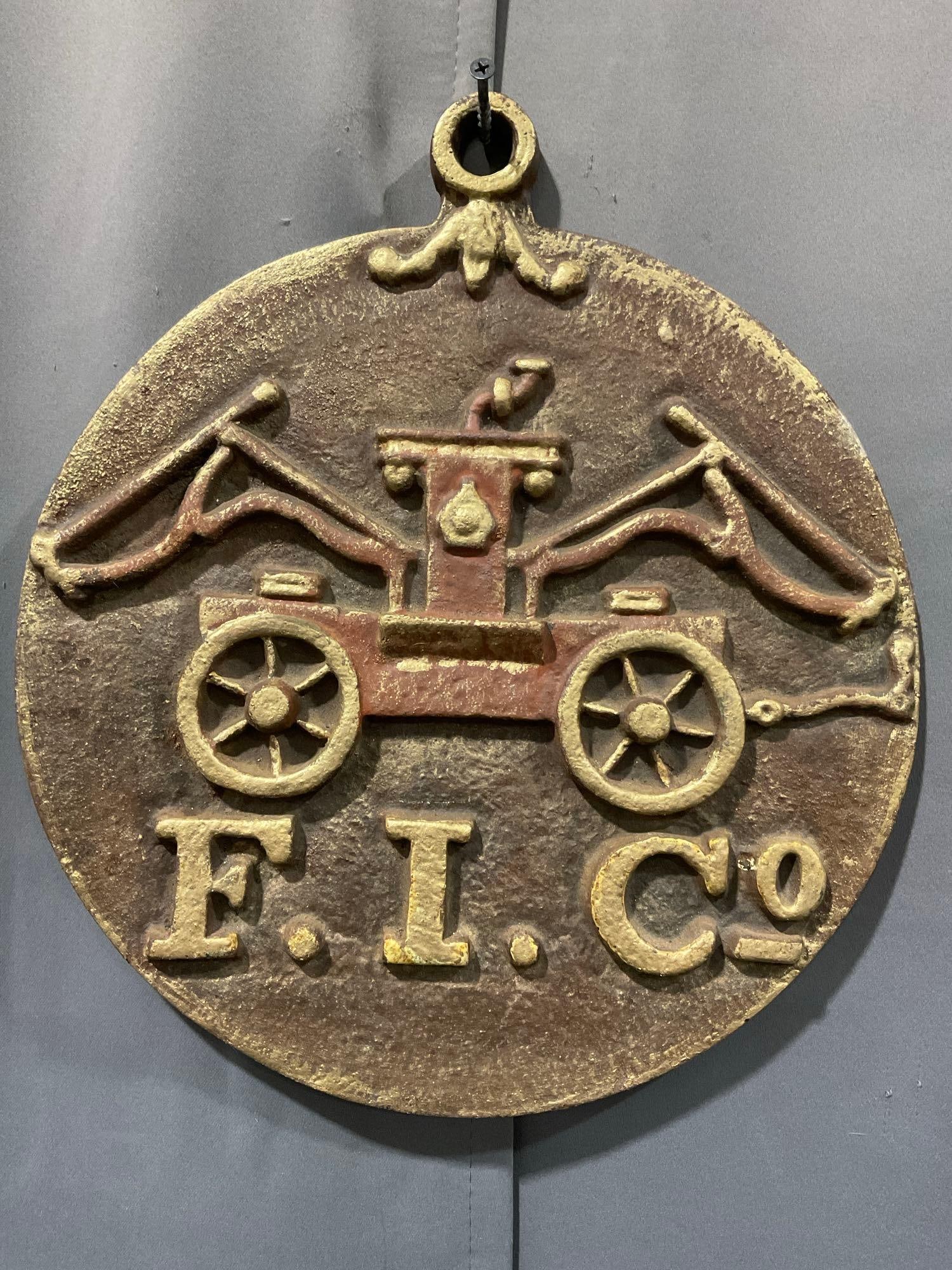 Cast Iron Fire Insurance Co Plaque, marked F. I. Co, 14h x 13w x 3d inches (1 of 3)