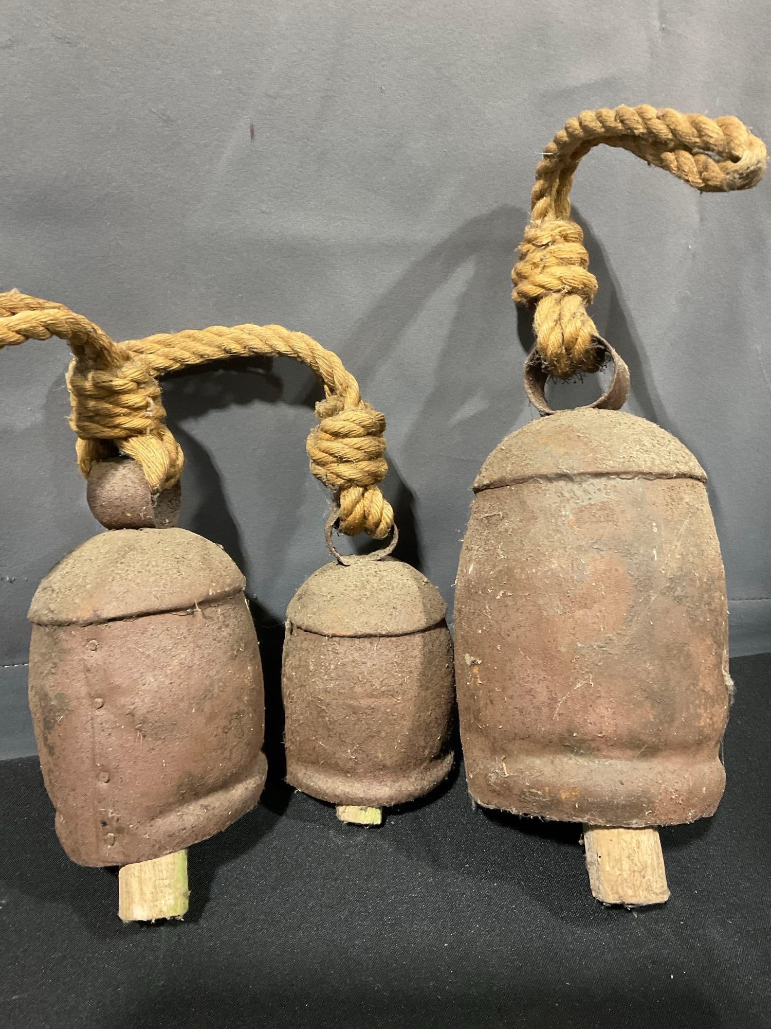 3 Rustic Farmhouse style Cow Bells w/ Wooden Dowel Clappers & Rope for Wall hanging, 13 x 10 x 6 in - 2