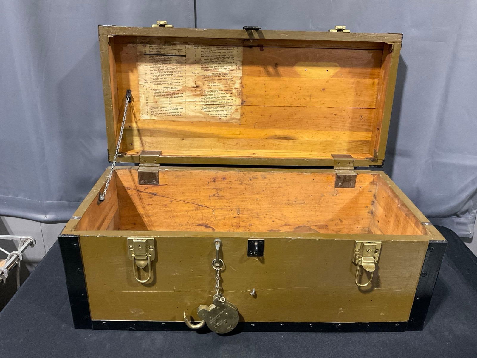 Vintage Steamer Trunk, Yellow w/ Iron Banding, 13h x 30w x 15d inches w/ Squire Brass Padlock (1 of 8)