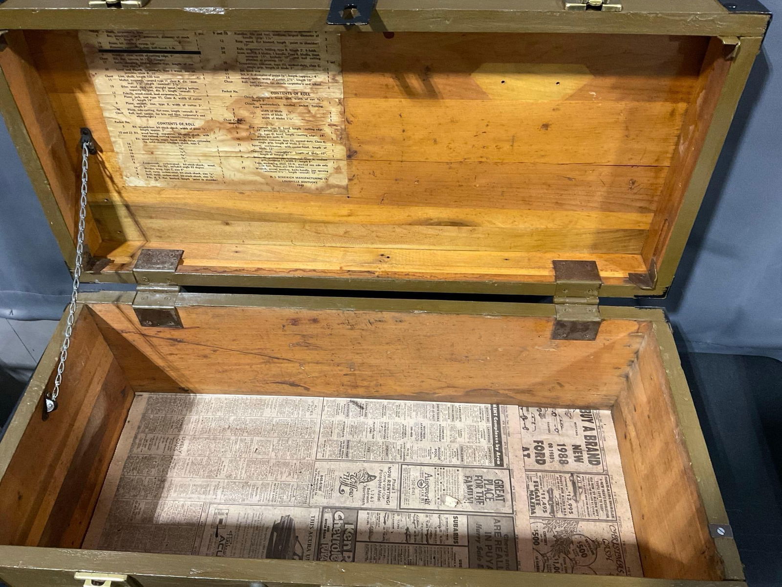 Vintage Steamer Trunk, Yellow w/ Iron Banding, 13h x 30w x 15d inches w/ Squire Brass Padlock - 2