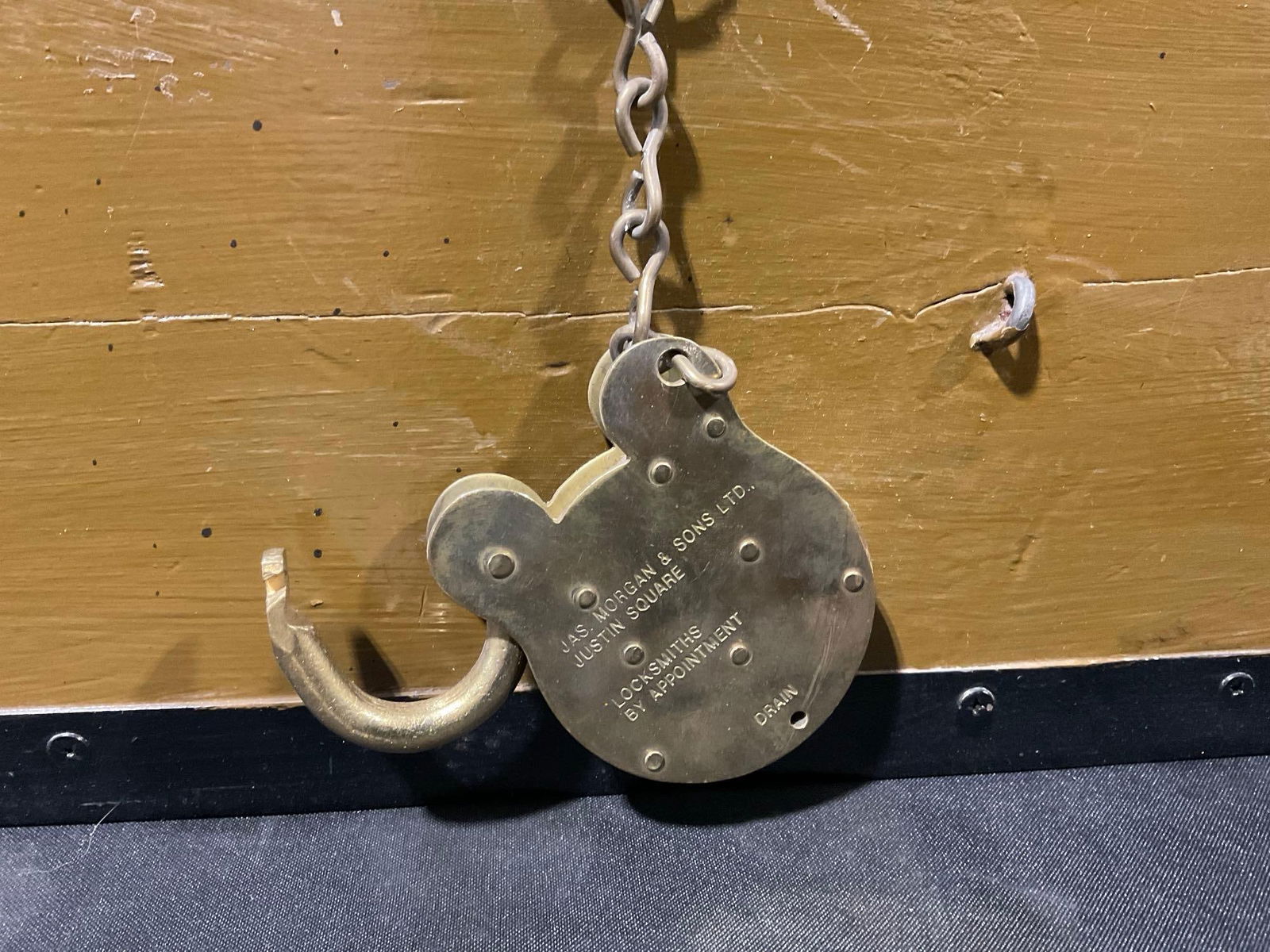 Vintage Steamer Trunk, Yellow w/ Iron Banding, 13h x 30w x 15d inches w/ Squire Brass Padlock - 3