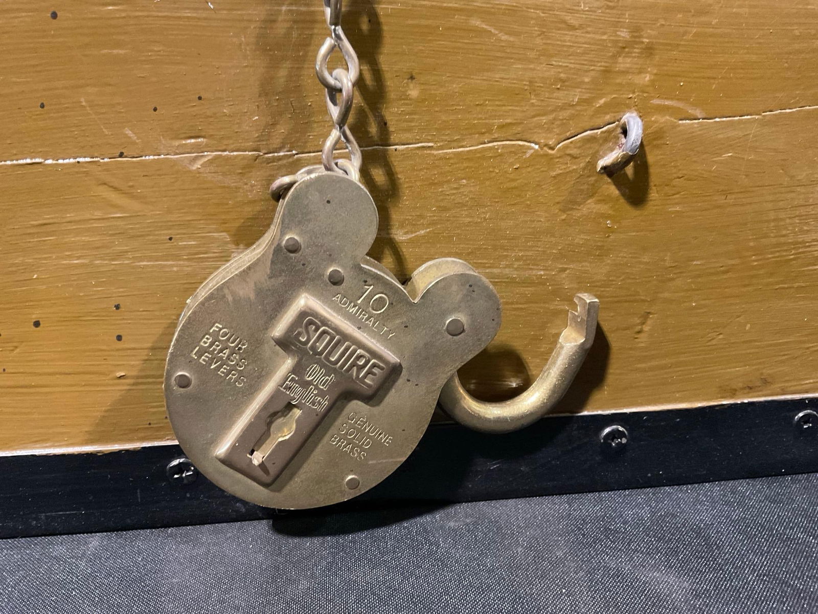 Vintage Steamer Trunk, Yellow w/ Iron Banding, 13h x 30w x 15d inches w/ Squire Brass Padlock - 4