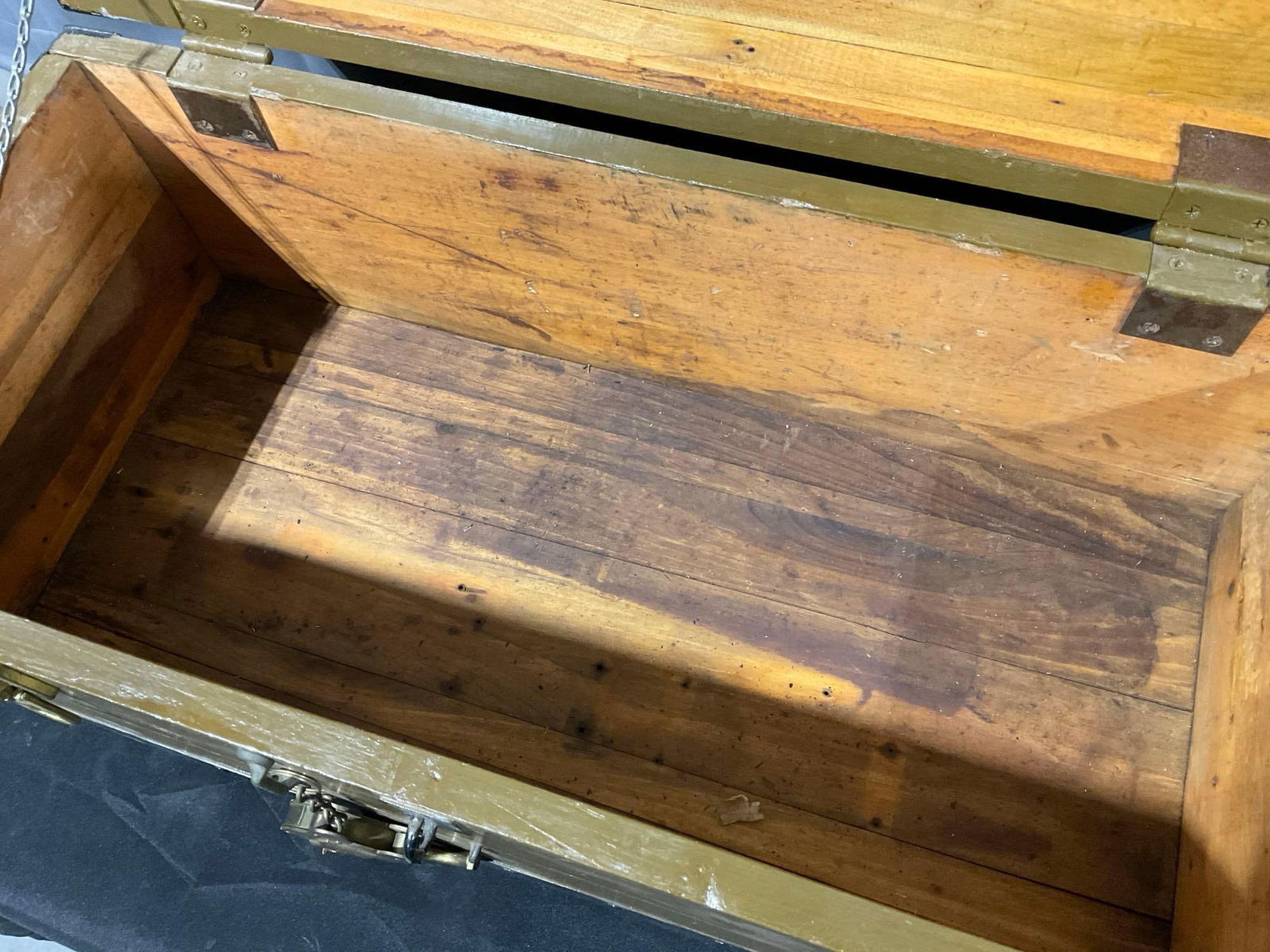 Vintage Steamer Trunk, Yellow w/ Iron Banding, 13h x 30w x 15d inches w/ Squire Brass Padlock - 5