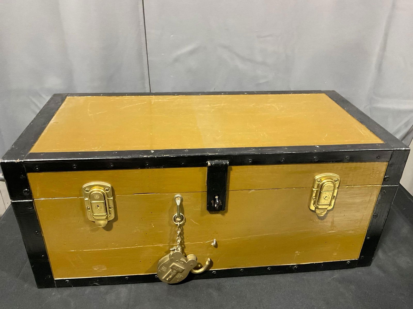 Vintage Steamer Trunk, Yellow w/ Iron Banding, 13h x 30w x 15d inches w/ Squire Brass Padlock - 7