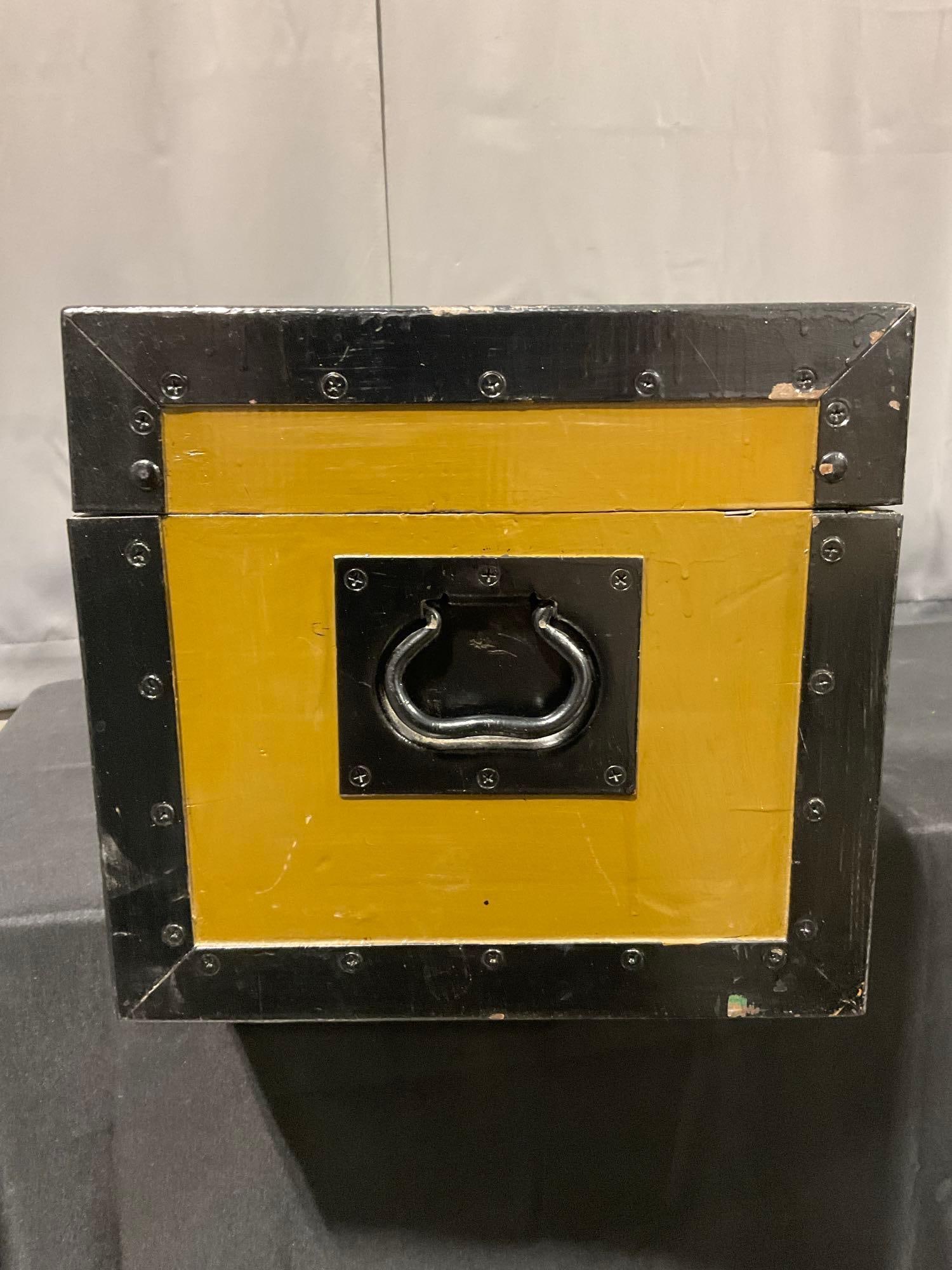 Vintage Steamer Trunk, Yellow w/ Iron Banding, 13h x 30w x 15d inches w/ Squire Brass Padlock - 8