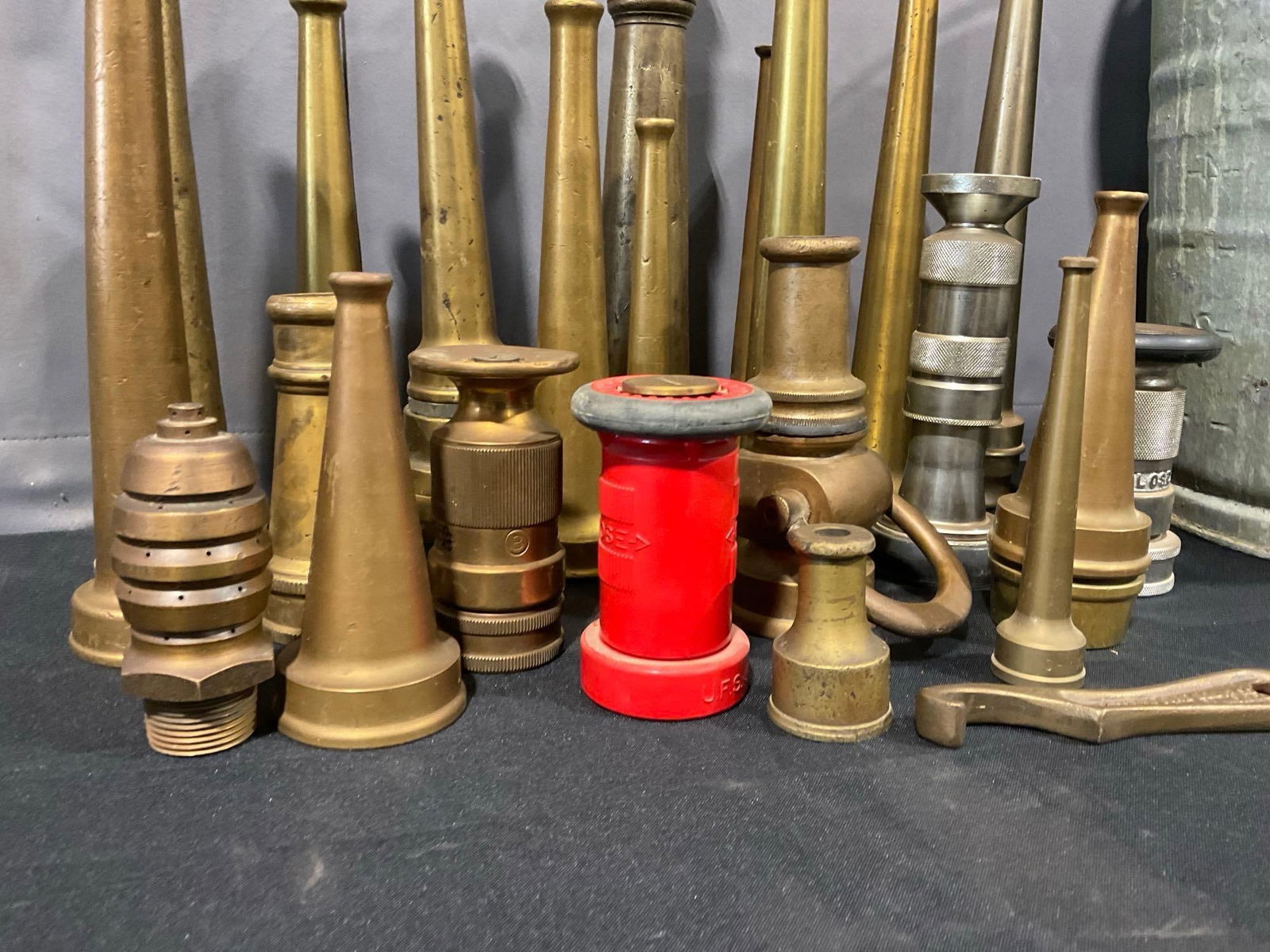 Antique Brass Fire Hose Nozzles Various styles, w/ Bucket, Approx 24 pieces - 2