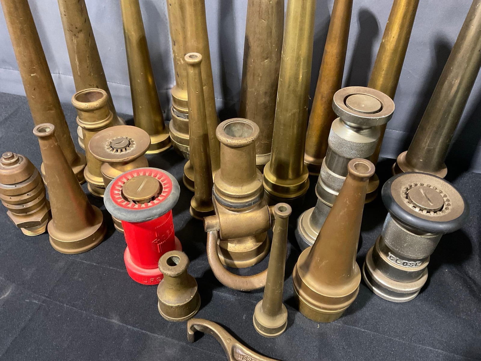 Antique Brass Fire Hose Nozzles Various styles, w/ Bucket, Approx 24 pieces - 3