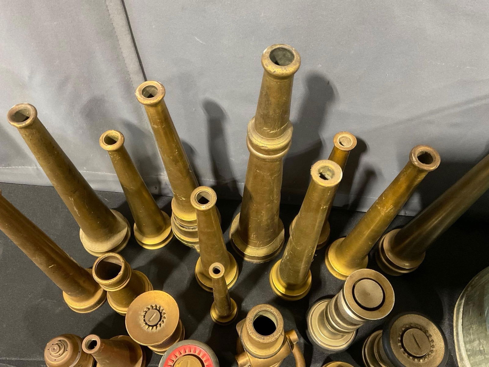 Antique Brass Fire Hose Nozzles Various styles, w/ Bucket, Approx 24 pieces - 4