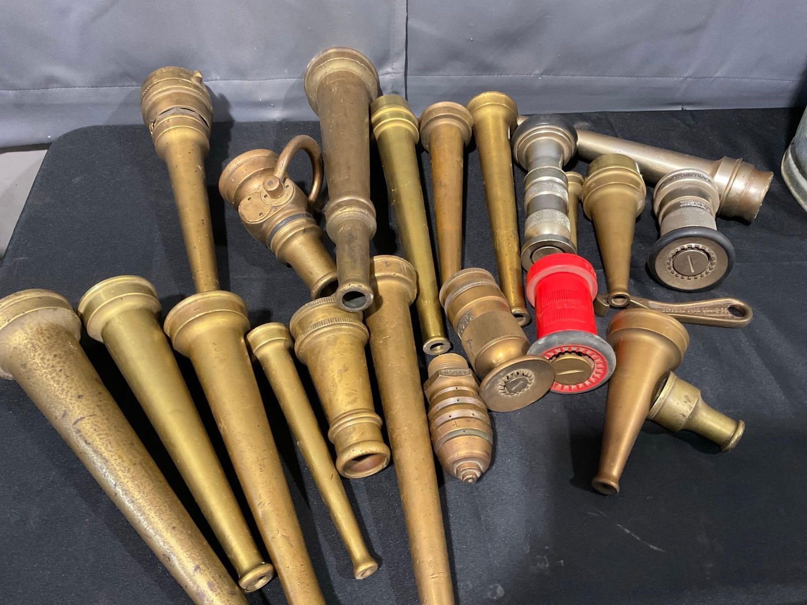 Antique Brass Fire Hose Nozzles Various styles, w/ Bucket, Approx 24 pieces - 5