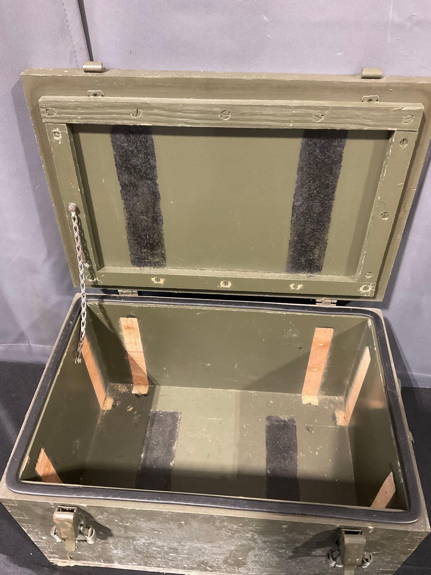 Vintage Olive Drab Military Footlocker, w/ spring latches, 11h x 20w x 14d inches - 3