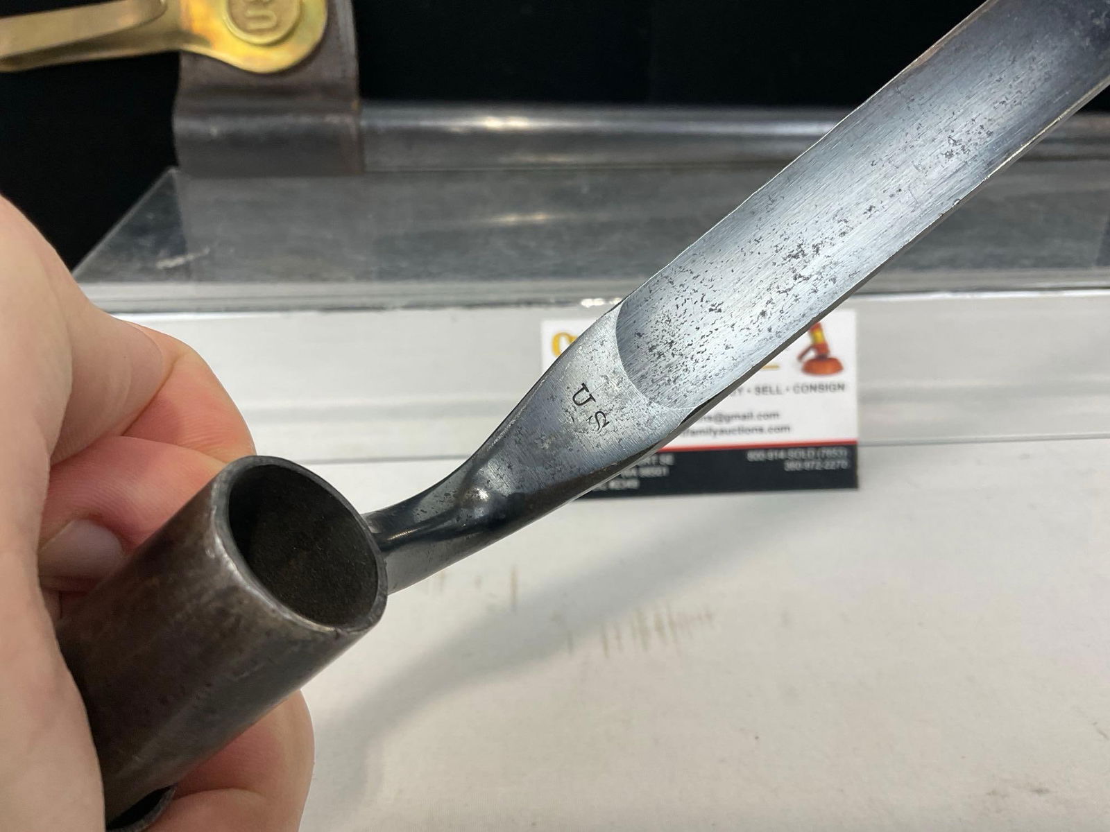 US Model 1873 Springfield Bayonet w/Scabbard & Leather Belt Hanger, 25h x 6w x 4d in, 17 inch blade - 4