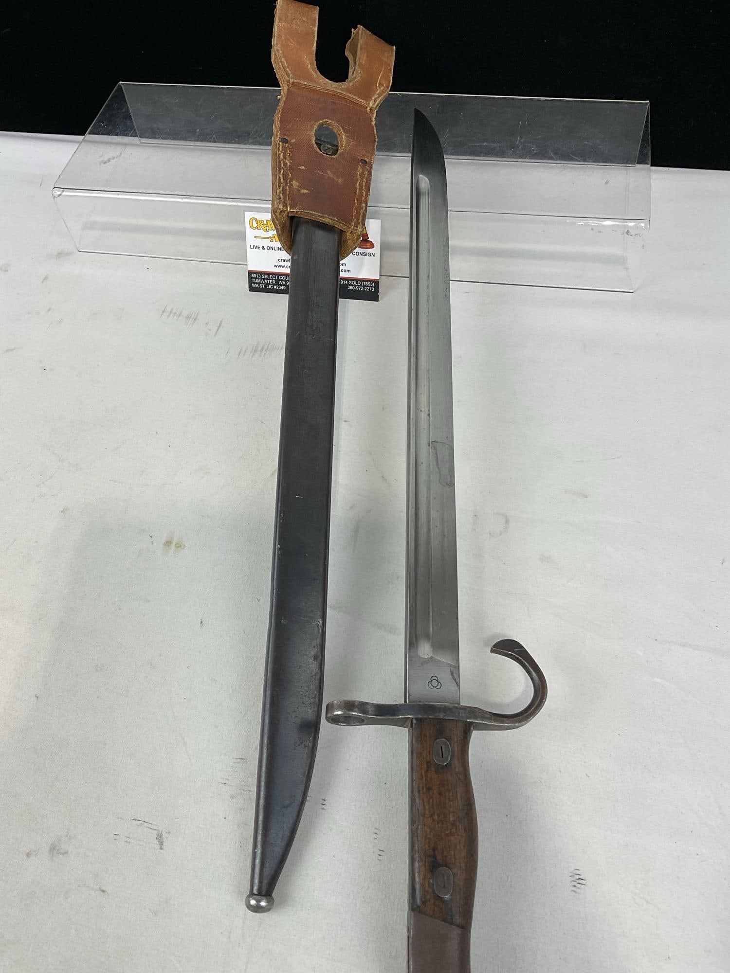 WWII Era Arisaka Japanese Bayonet 15.5 inch blade, w/steel scabbard & Leather belt Hanger - 5