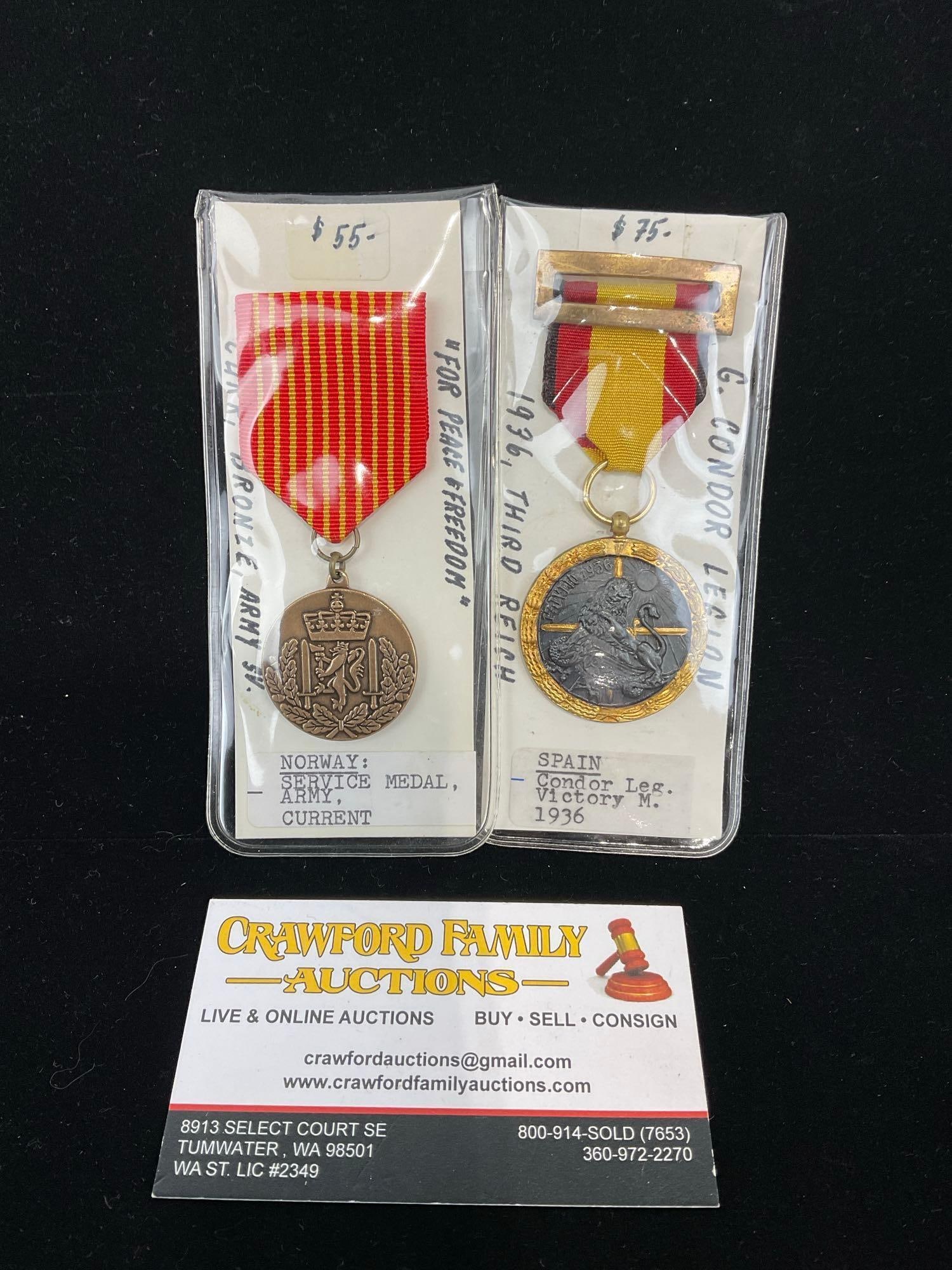 Pair of Medals, Norway Service Medal Army Bronze & 1936 Spanish Condor Legion (Fascist) 1936: All from a single collection, these are briefly described on the tag and were kept in a display. They measure approx 6h x 3w x 2d inches. See pics. E-5300 