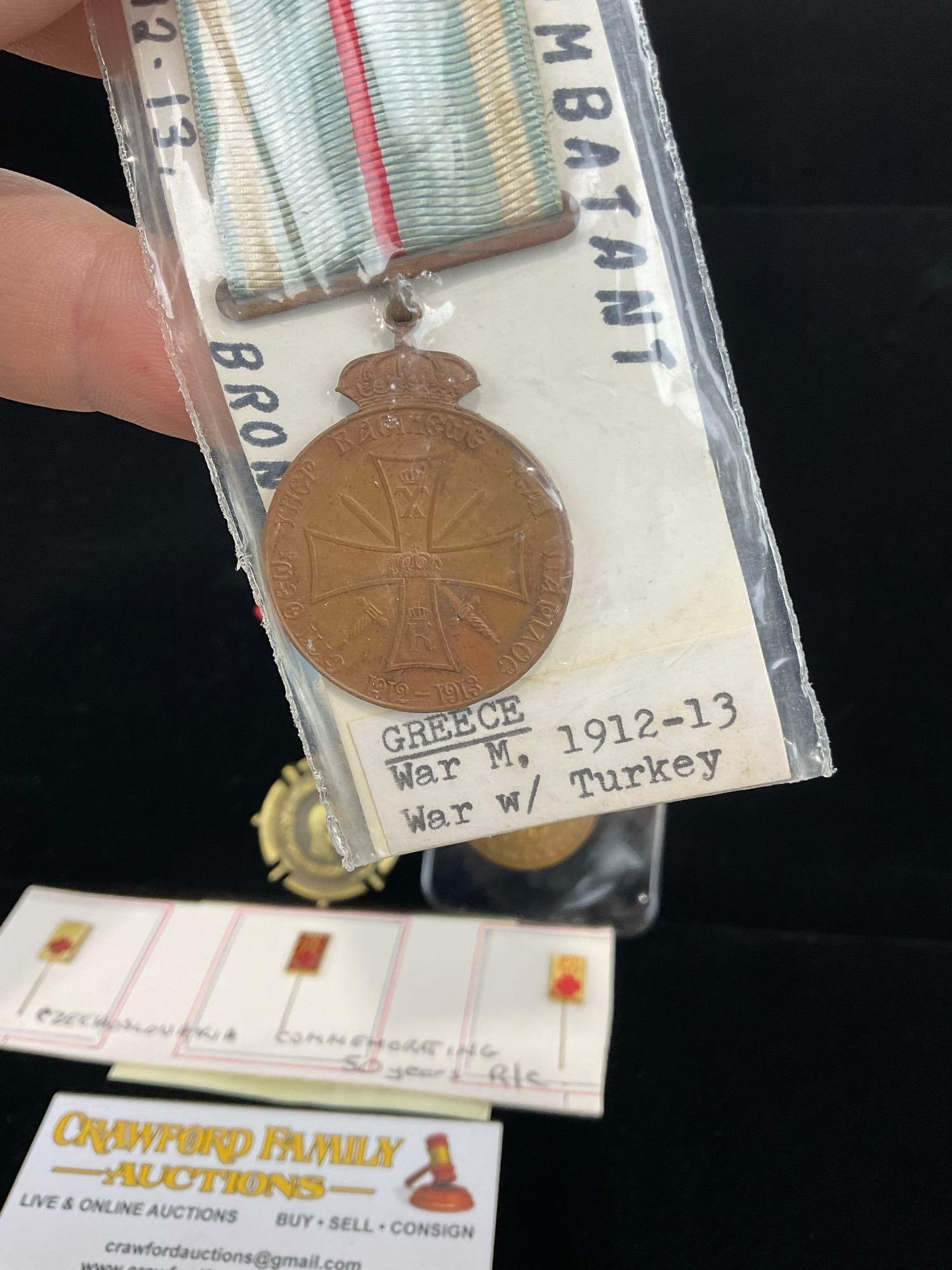 3 Medals & 3 Pins, Greece 1912-13 War w/ Turkey, Czechslo. Commem. 1918-38 & Serbian Comm. WW1 1920 - 2
