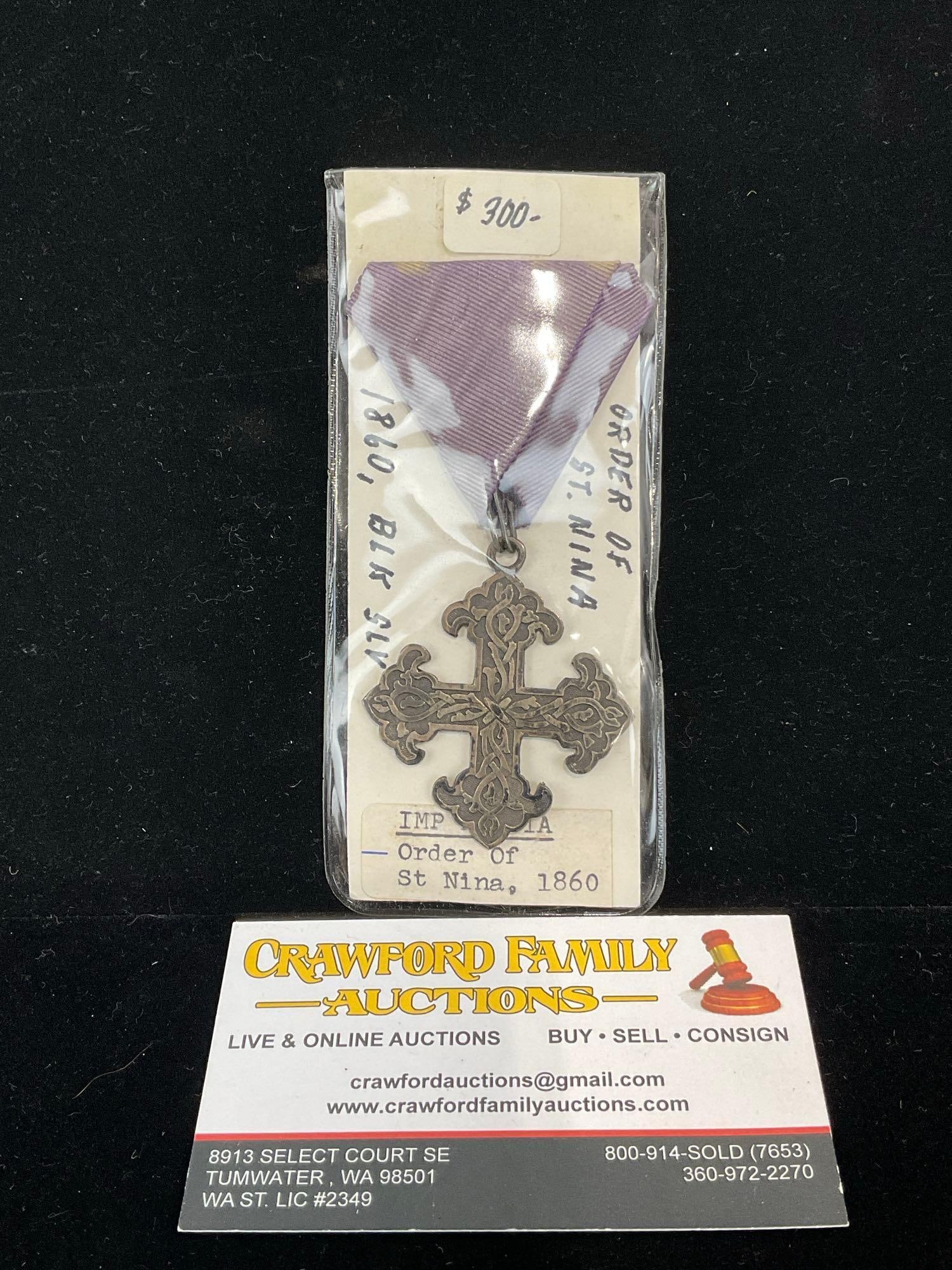 Antique Rare Imperial Russia 1860 Order of St. Nina, Black Silver, Ornately Engraved Cross: All from a single collection, these are briefly described on the tag and were kept in a display. They measure approx 6h x 3w x 2d inches. See pics. E-5300 