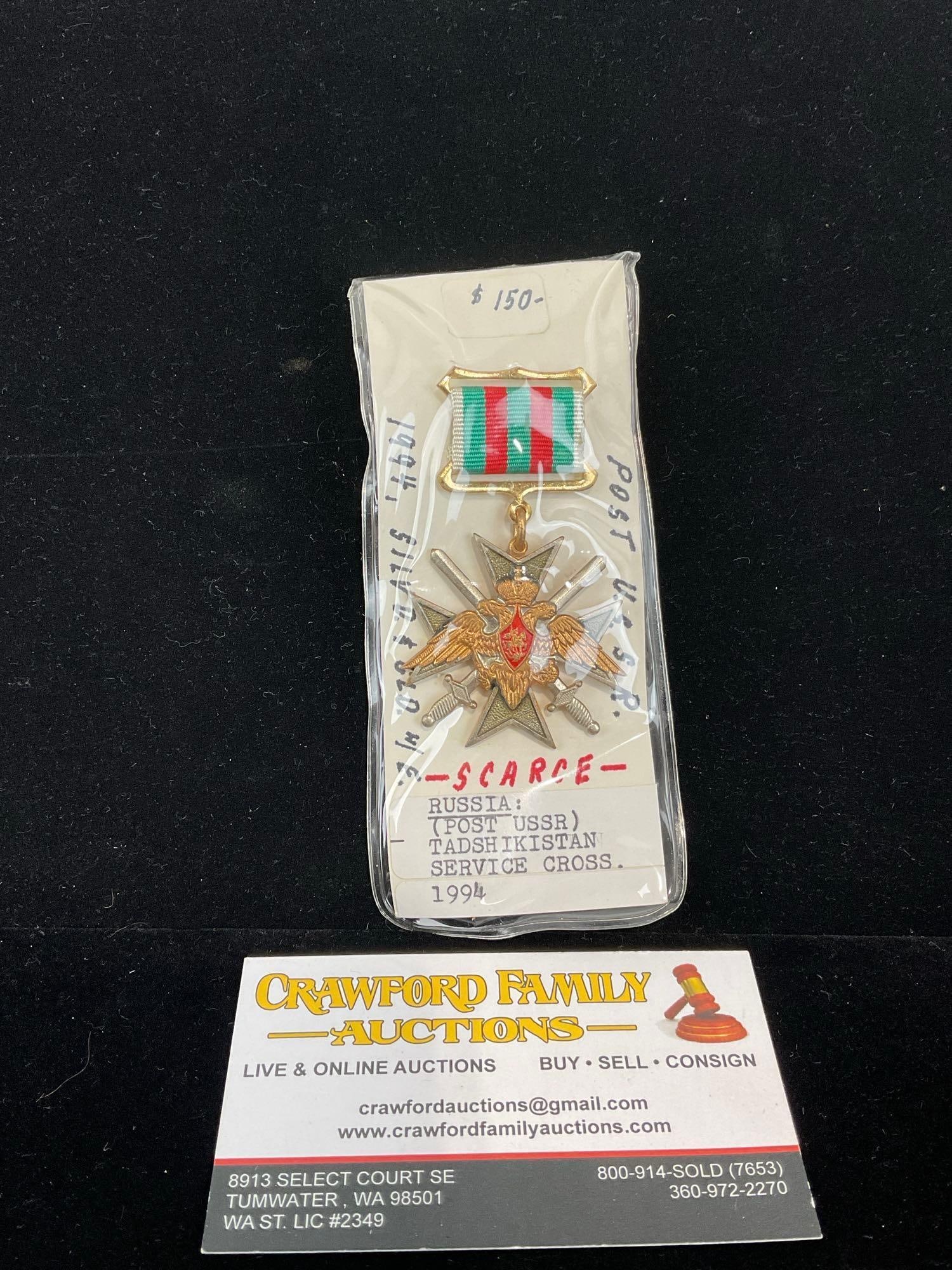 Vintage Russian Medal, Post USSR, Tajikistan Service Cross 1994, Double Headed Eagle w/ Swords: All from a single collection, these are briefly described on the tag and were kept in a display. They measure approx 6h x 3w x 2d inches. See pics. E-5300 