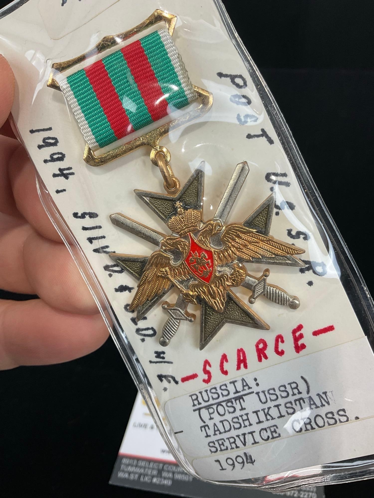 Vintage Russian Medal, Post USSR, Tajikistan Service Cross 1994, Double Headed Eagle w/ Swords - 2