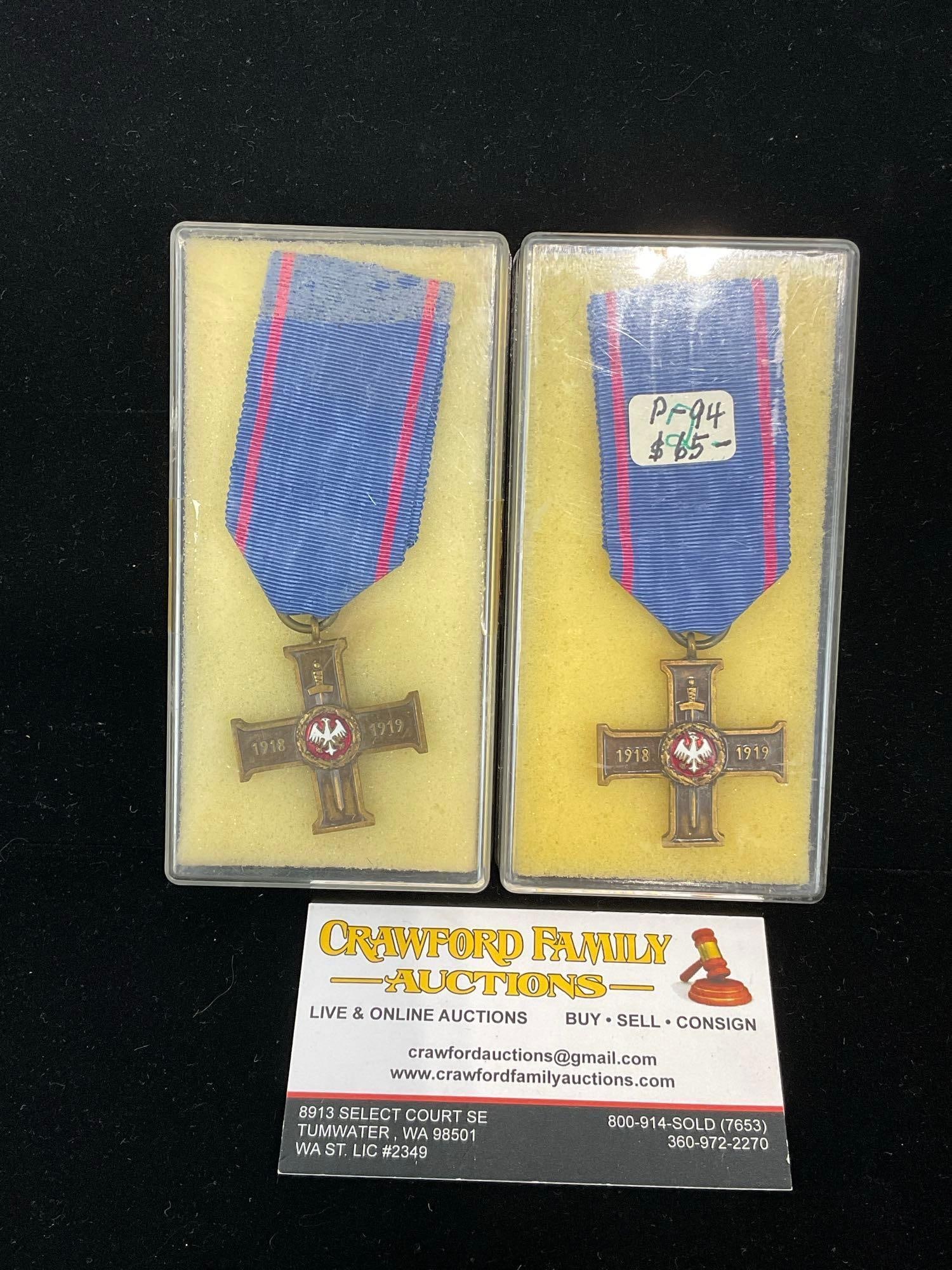 Pair of Greater Poland Uprising Crosses, 1918-19 White Eagle on Red Enamel, blue ribbon: All from a single collection, these are briefly described on the tag and were kept in a display. They measure approx 6h x 3w x 2d inches. See pics. E-5300 