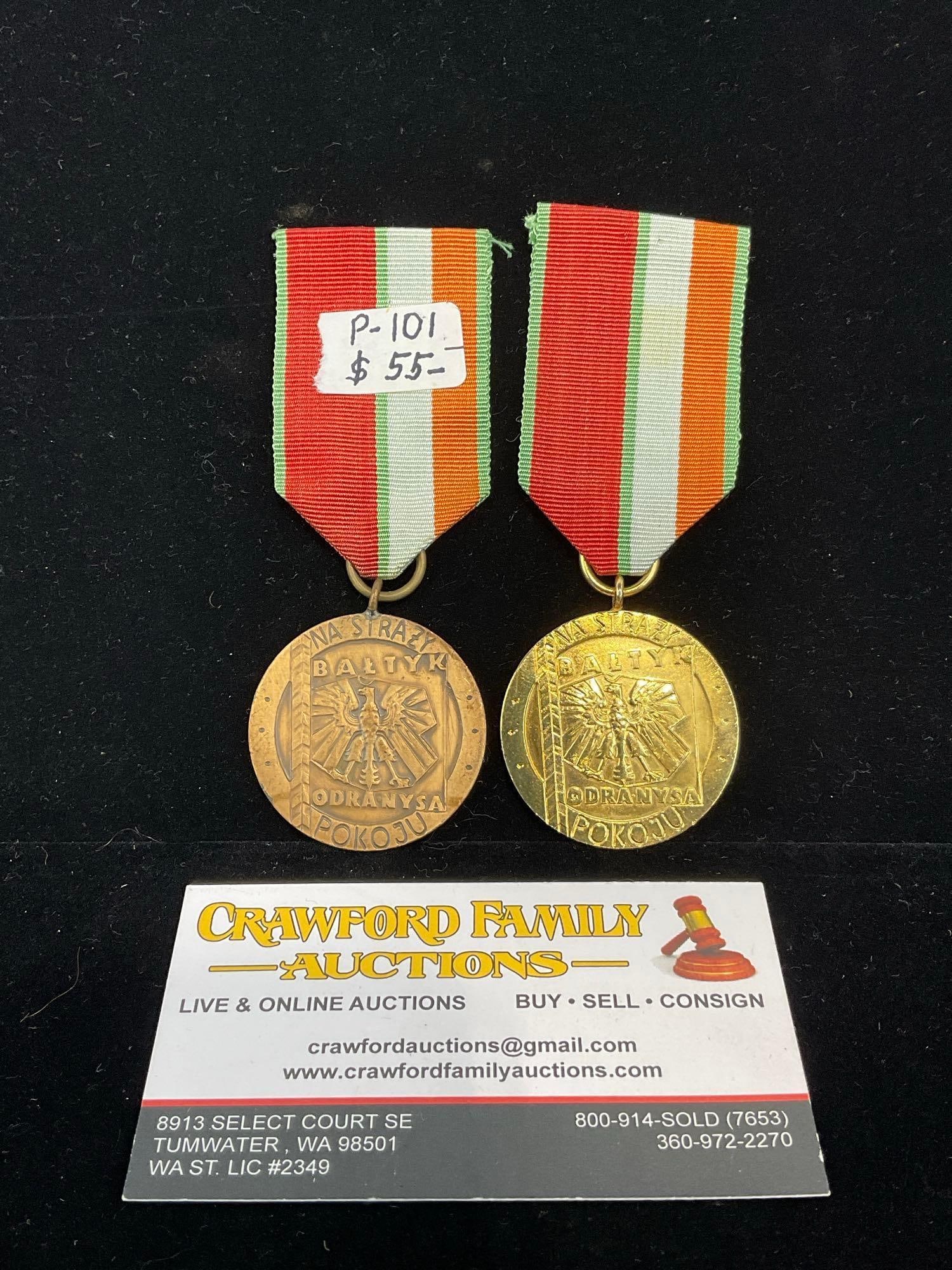 Pair of Polish 1960s Guard of Peace Medals, Gold (?) & Copper: All from a single collection, these are briefly described on the tag and were kept in a display. They measure approx 6h x 3w x 2d inches. See pics. E-5300 