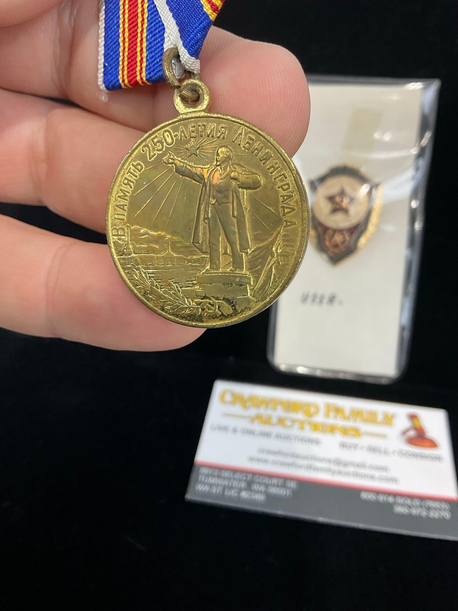 3 USSR Medals, Chernobyl Cleanup Medal, 250th Anni. of Leningrad & Army Excellence Pin - 3