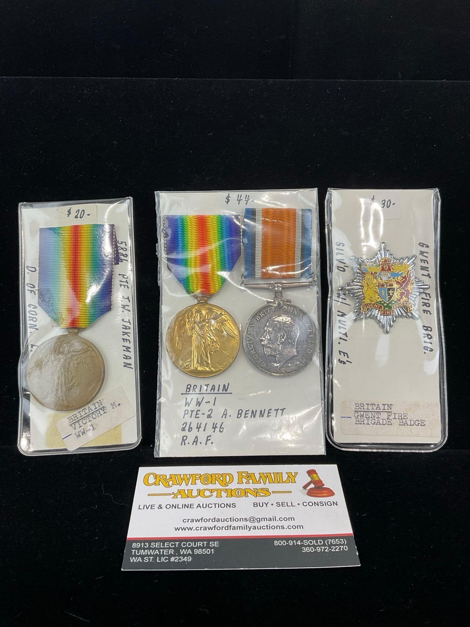 4x British Medals, 2x Victory WW1, British War Medal, Campaign for WW1, & Gwent Fire Brigade Badge: All from a single collection, these are briefly described on the tag and were kept in a display. They measure approx 6h x 3w x 2d inches. See pics. E-5300 