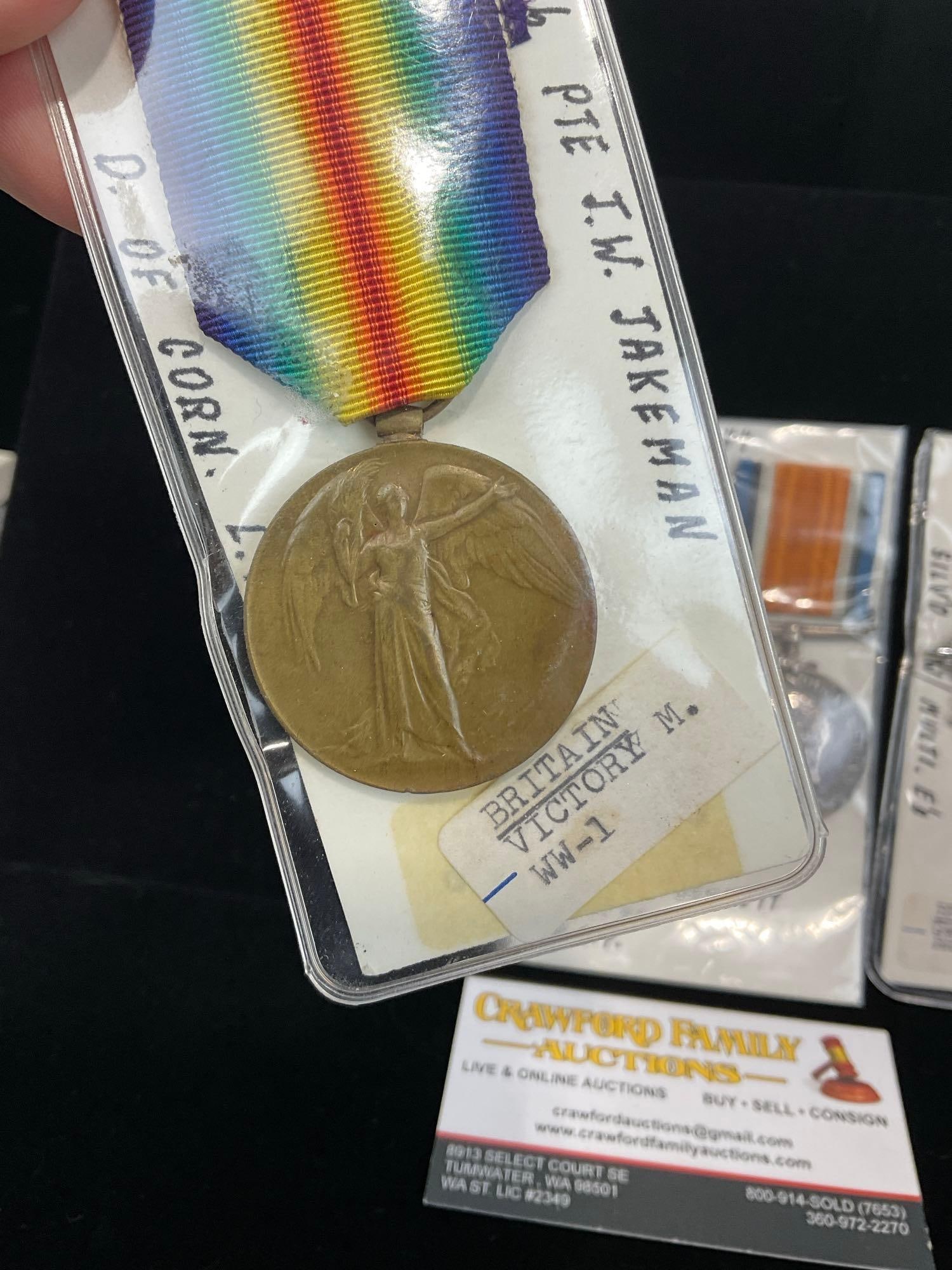 4x British Medals, 2x Victory WW1, British War Medal, Campaign for WW1, & Gwent Fire Brigade Badge - 2