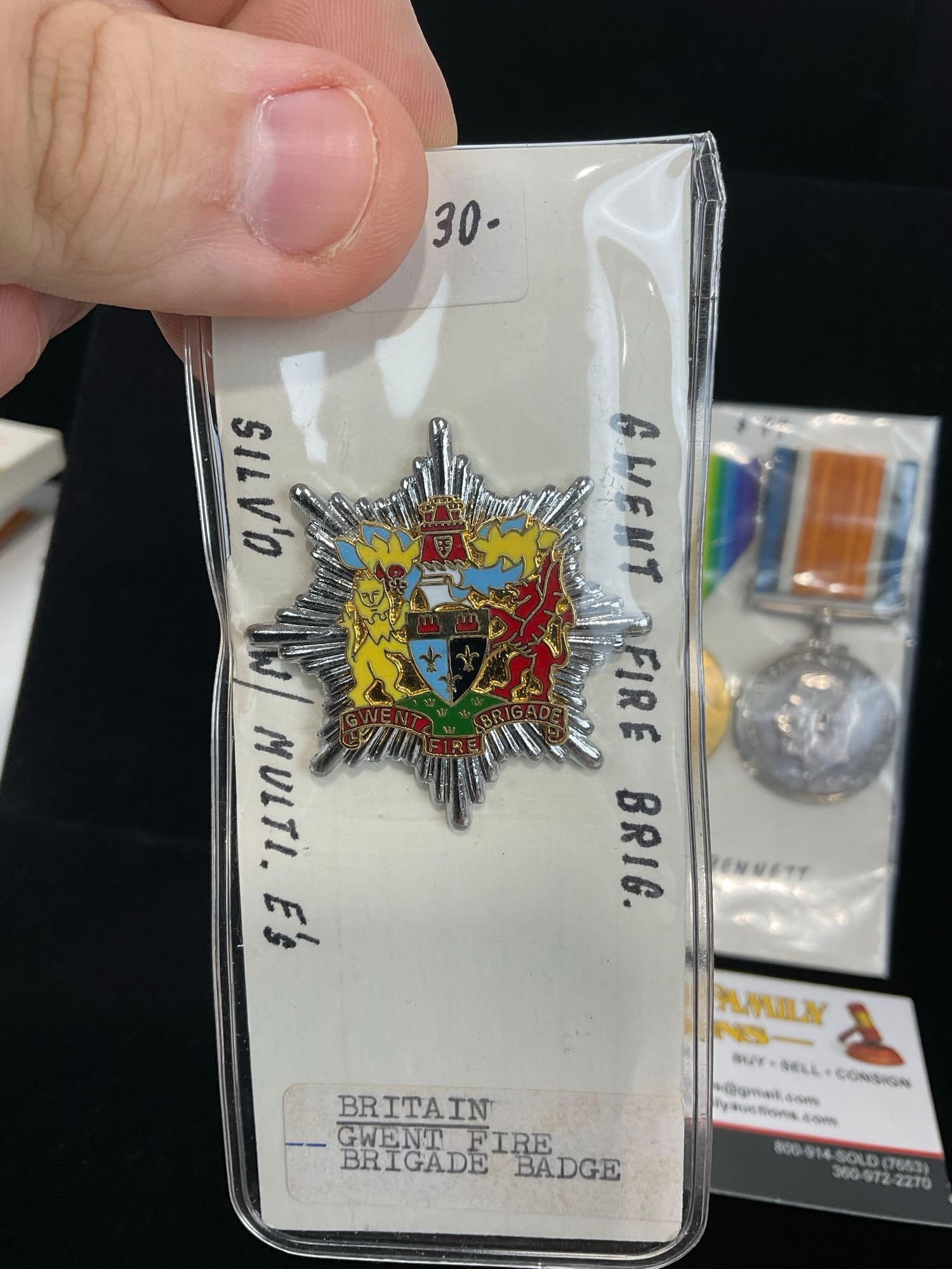 4x British Medals, 2x Victory WW1, British War Medal, Campaign for WW1, & Gwent Fire Brigade Badge - 3