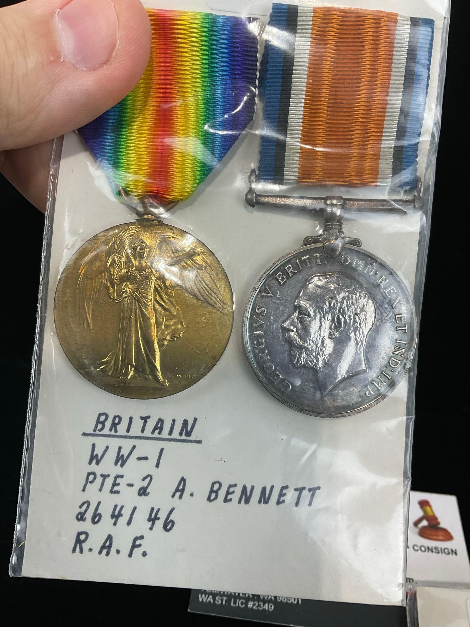 4x British Medals, 2x Victory WW1, British War Medal, Campaign for WW1, & Gwent Fire Brigade Badge - 4