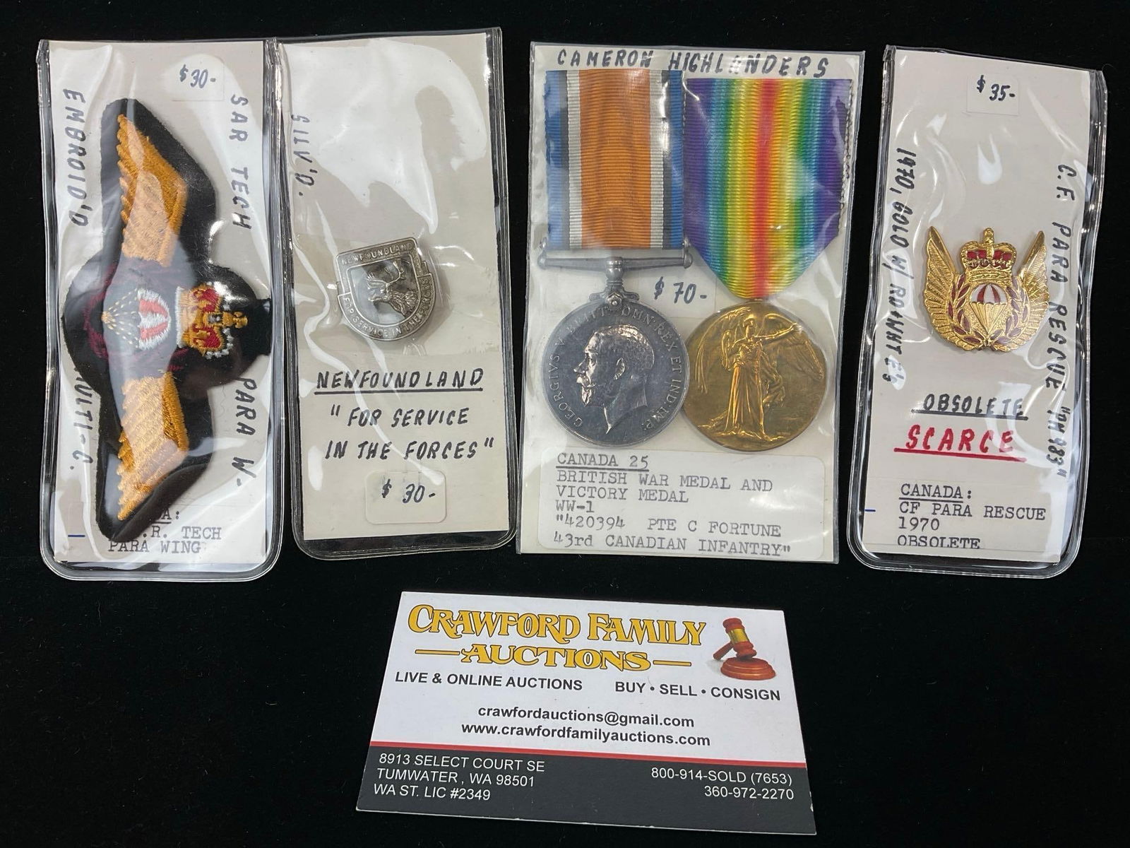 Canadian Para Rescue Pin & Wing, NWL Armed Forced Pin, Pair of Medals, British War & Victory WW1: All from a single collection, these are briefly described on the tag and were kept in a display. They measure approx 6h x 3w x 2d inches. See pics. E-5300