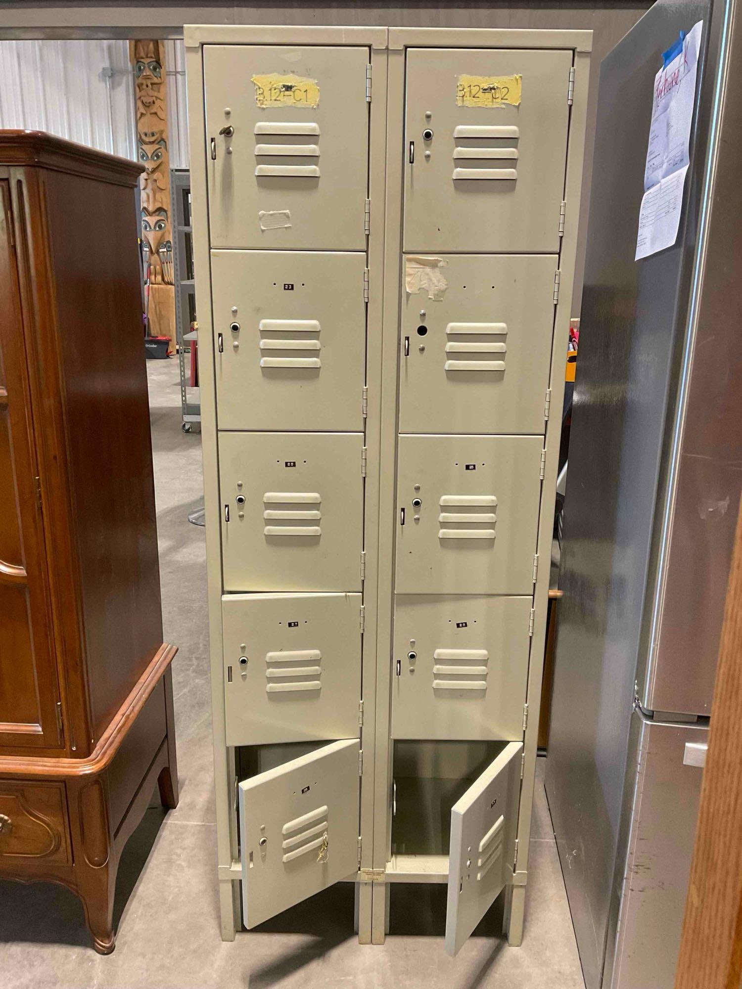 Vintage Grey Metal Lockers w/ 10 Cubbies. 1 Lock & 1 Key. Good Condition. Stands 66" Tall. (1 of 8)