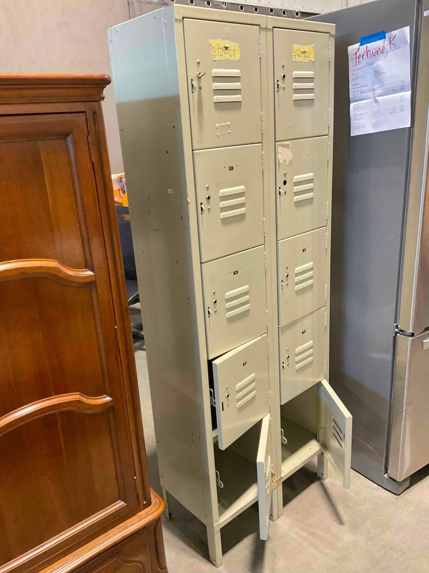 Vintage Grey Metal Lockers w/ 10 Cubbies. 1 Lock & 1 Key. Good Condition. Stands 66" Tall. - 2