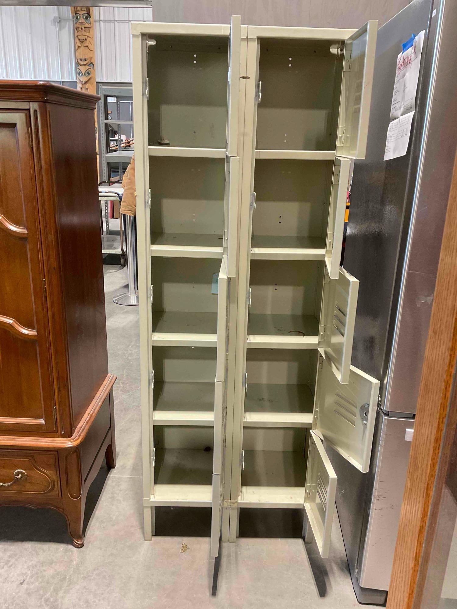 Vintage Grey Metal Lockers w/ 10 Cubbies. 1 Lock & 1 Key. Good Condition. Stands 66" Tall. - 3