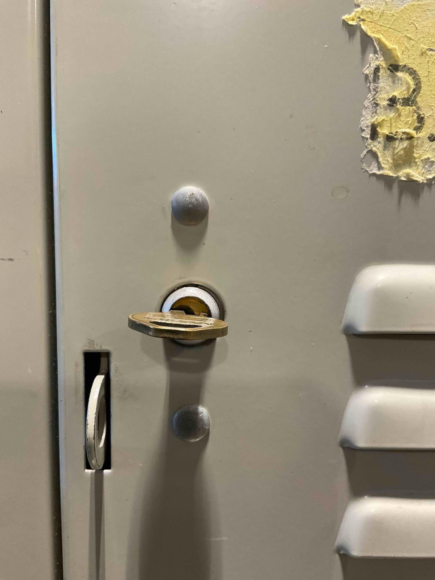 Vintage Grey Metal Lockers w/ 10 Cubbies. 1 Lock & 1 Key. Good Condition. Stands 66" Tall. - 5