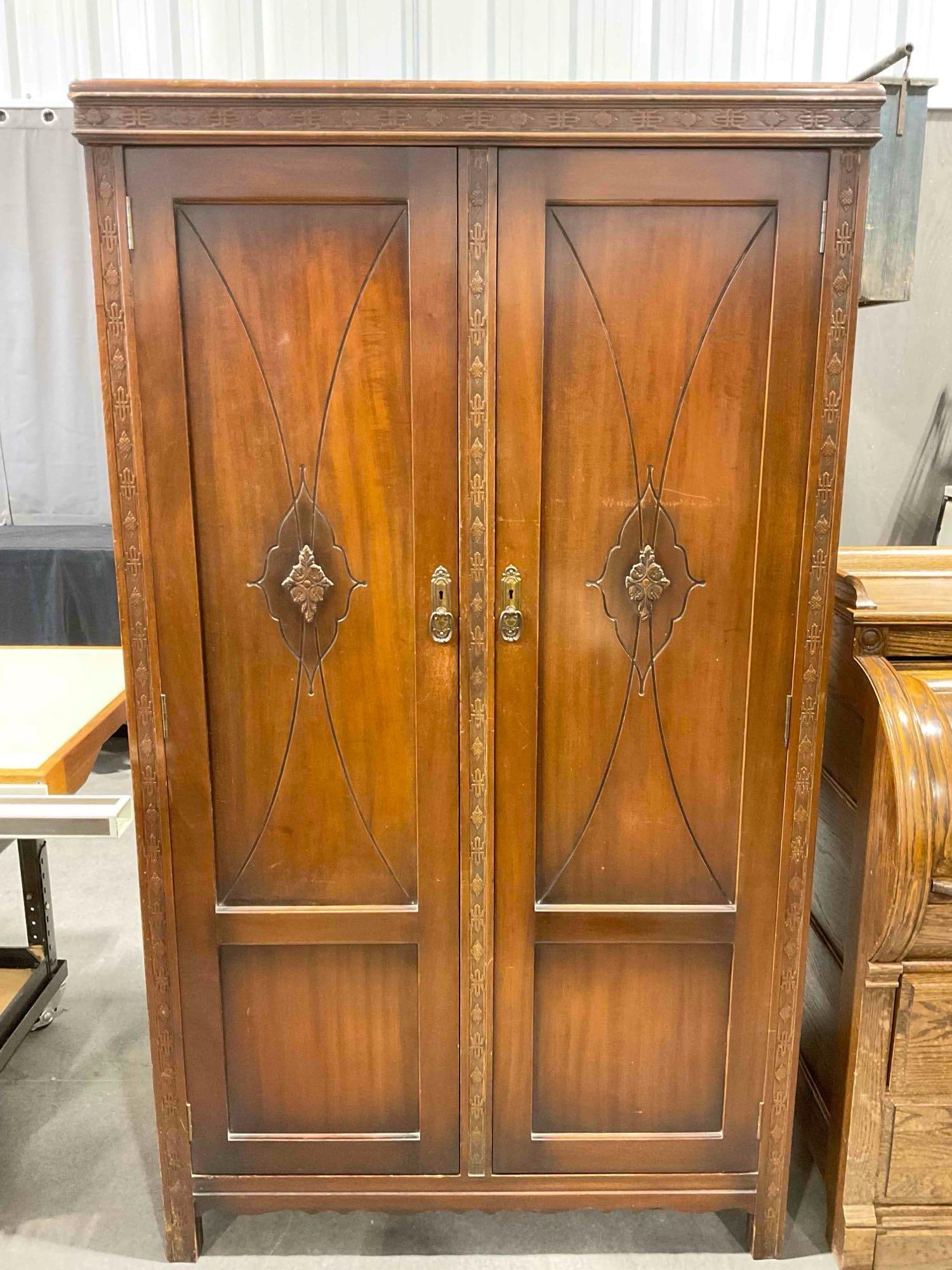 Antique H.L. Registered Design Lovely Mahogany? Wood Armoire w/ Ornate Details. See pics. (1 of 11)