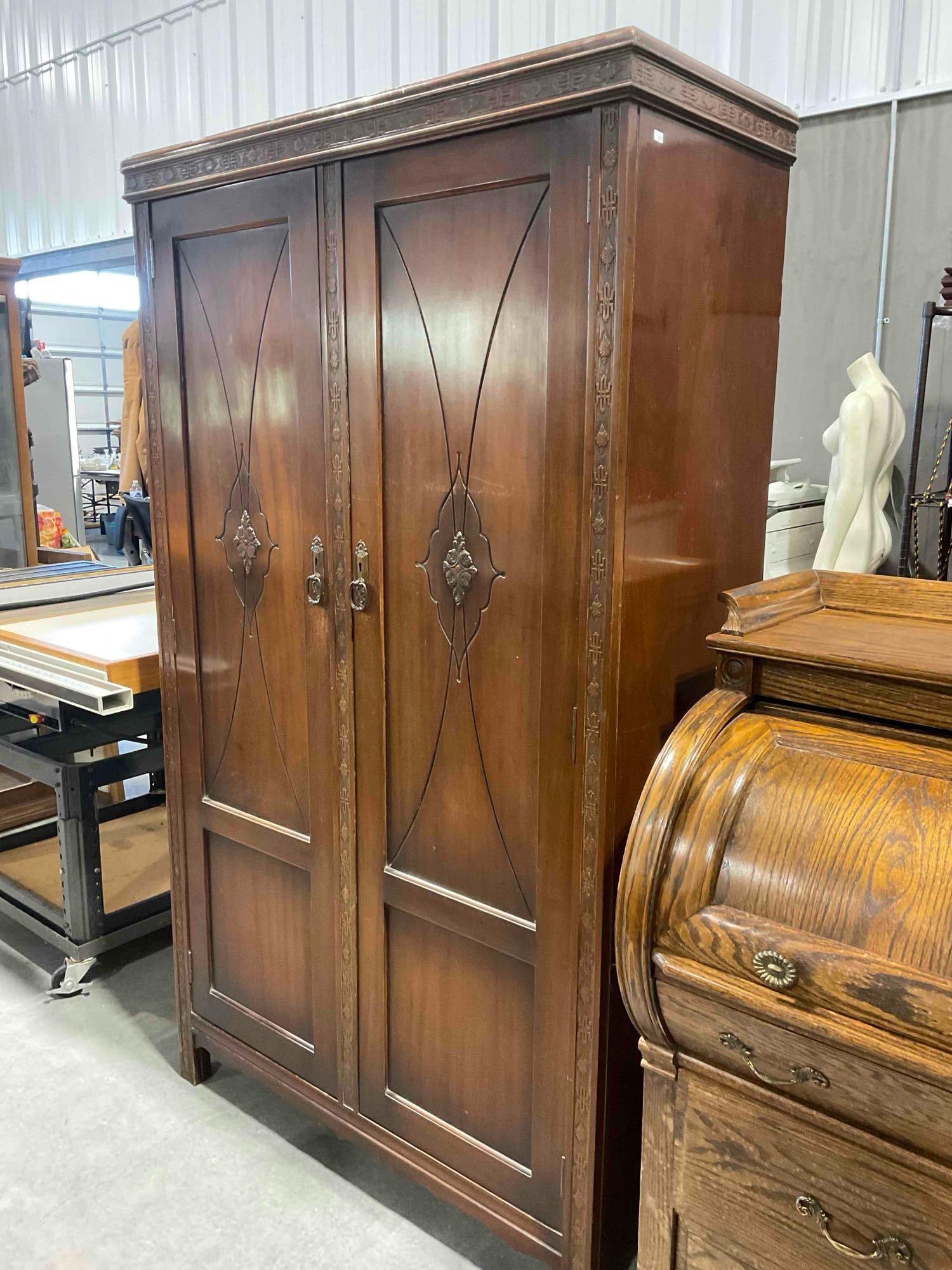 Antique H.L. Registered Design Lovely Mahogany? Wood Armoire w/ Ornate Details. See pics. - 2