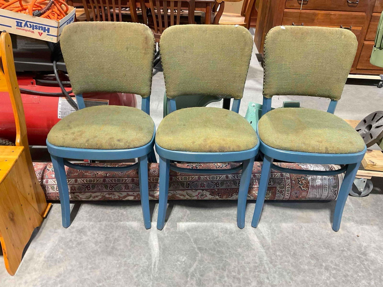 3 pcs Vintage Thonet Bentwood Blue Painted Wooden Chairs w/ Green Upholstery. See pics. (1 of 5)